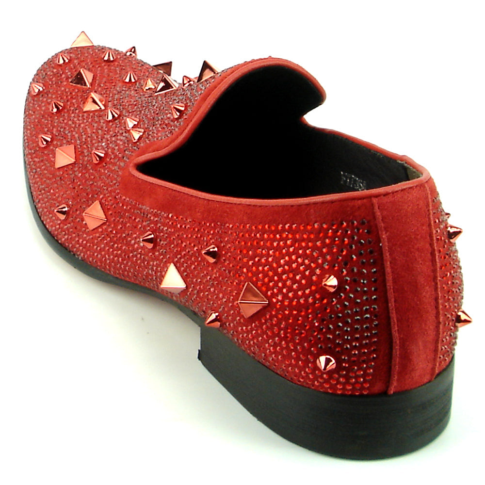 FI-7364 Red Suede Red Rhinestones and Spikes Slip on Loafer Fiesso by Aurelio Garcia