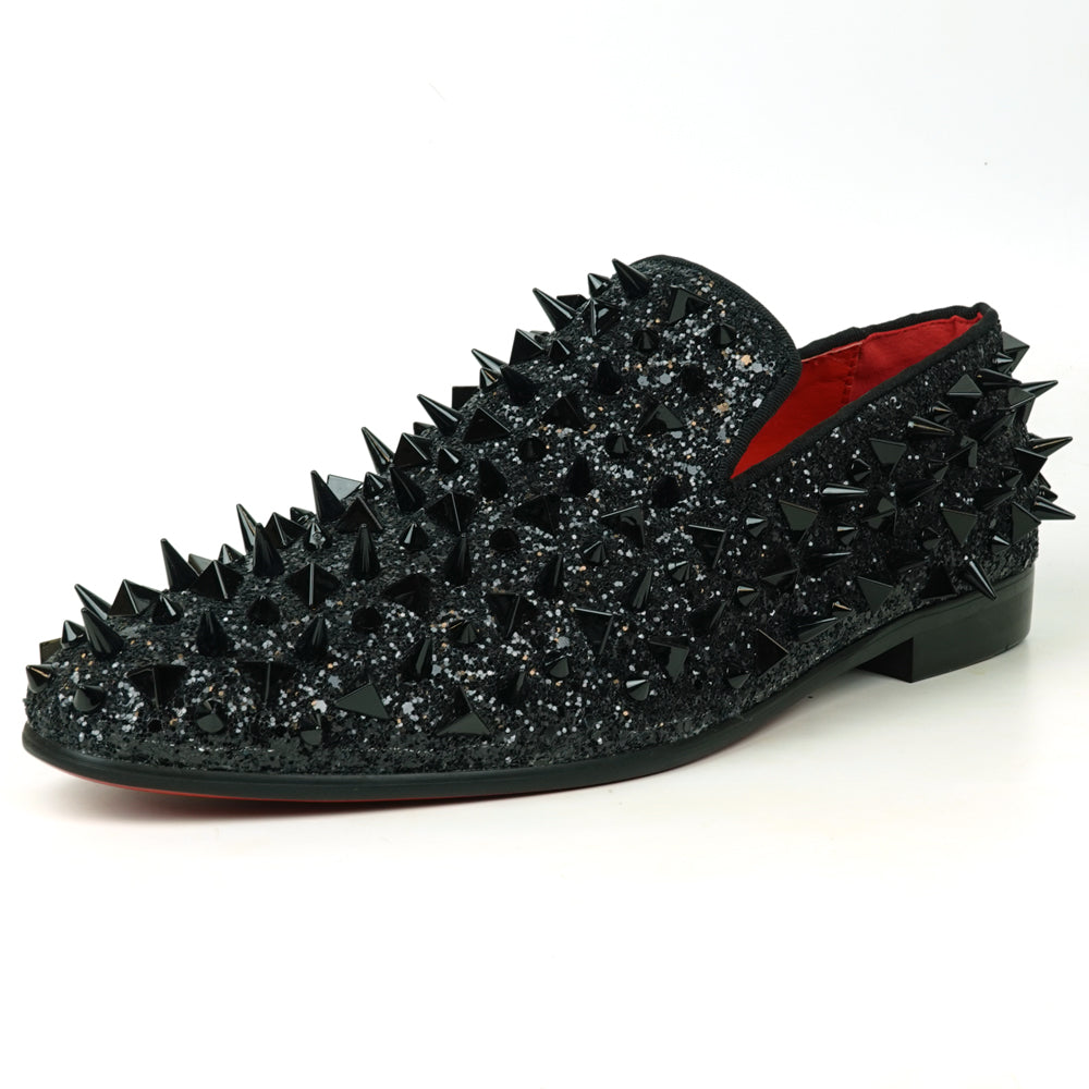 FI-7517 Black Glitter Black Spikes Slip on Loafer Fiesso by Aurelio Garcia