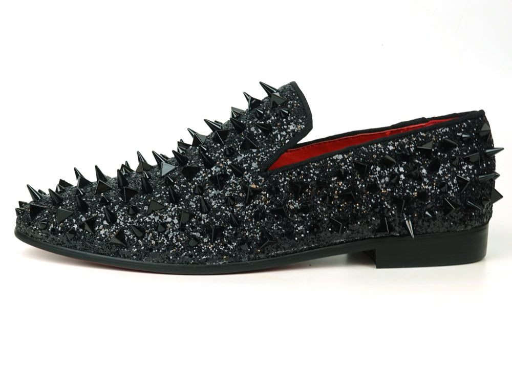 FI-7517 Black Glitter Black Spikes Slip on Loafer Fiesso by Aurelio Garcia