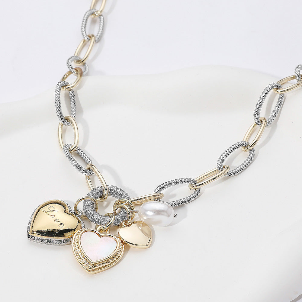 Two Tone 14K Gold Plated CZ Stone Paved Ring LOVE Message Engraved Mother of Pearl Heart Pearl Charm Pendant Necklace