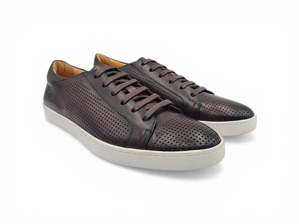 Carrucci Shoes Fashion Lace Up Perforated Calfskin Sneaker Leather Patina front view