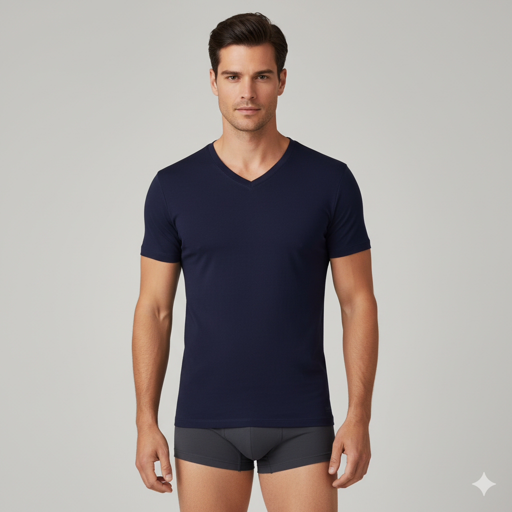 Bambooven V-neck undershirt in Navy, AI-generated on-model styling illustration