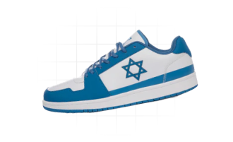 Air Maccabees Low Top blue and white sneaker with Star of David side emblem, angled side view against a faint grid background
