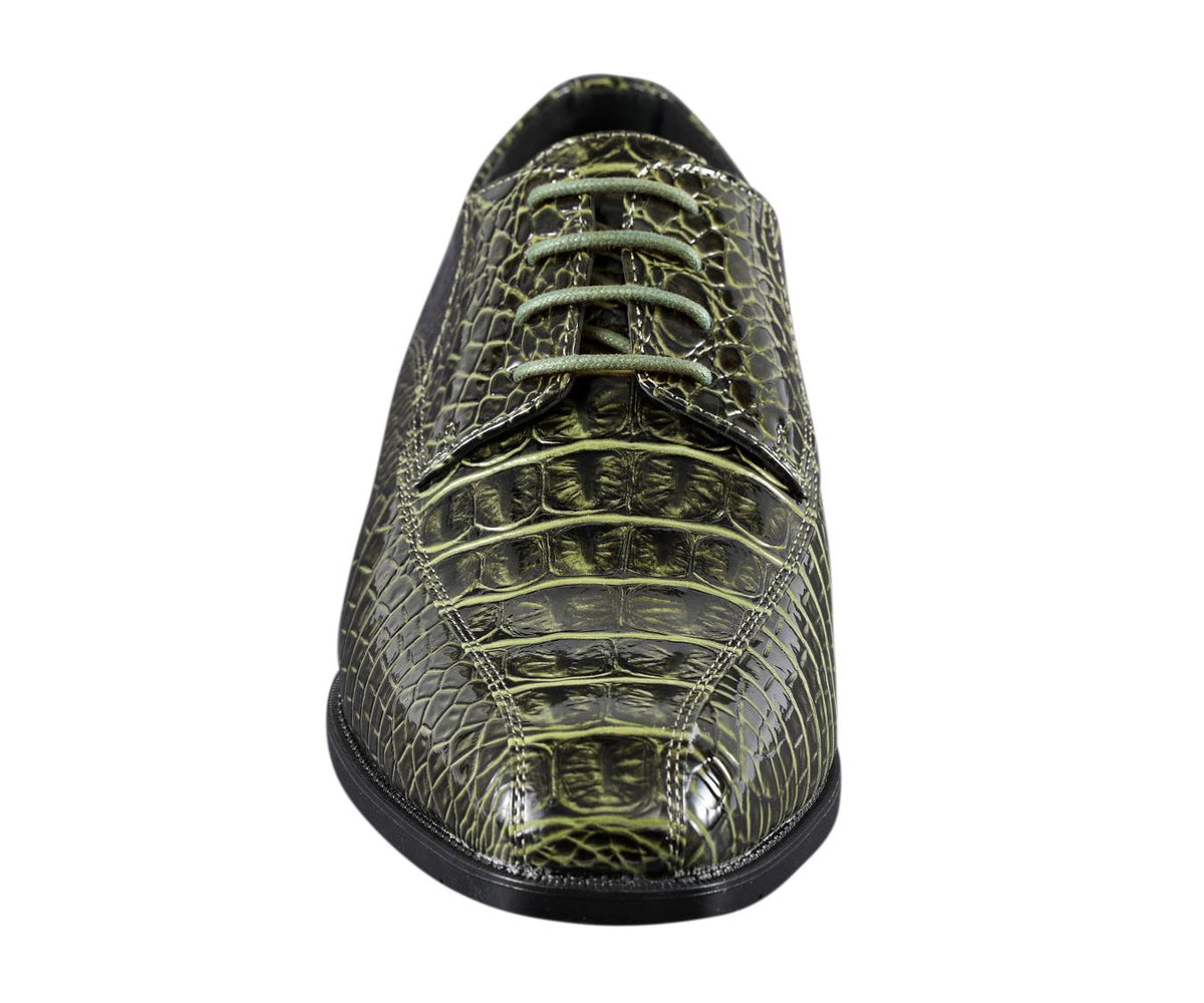 Amali Harvey Croc Embossed Men's Olive Green Animal Print Leather Exotic Oxford Shoes