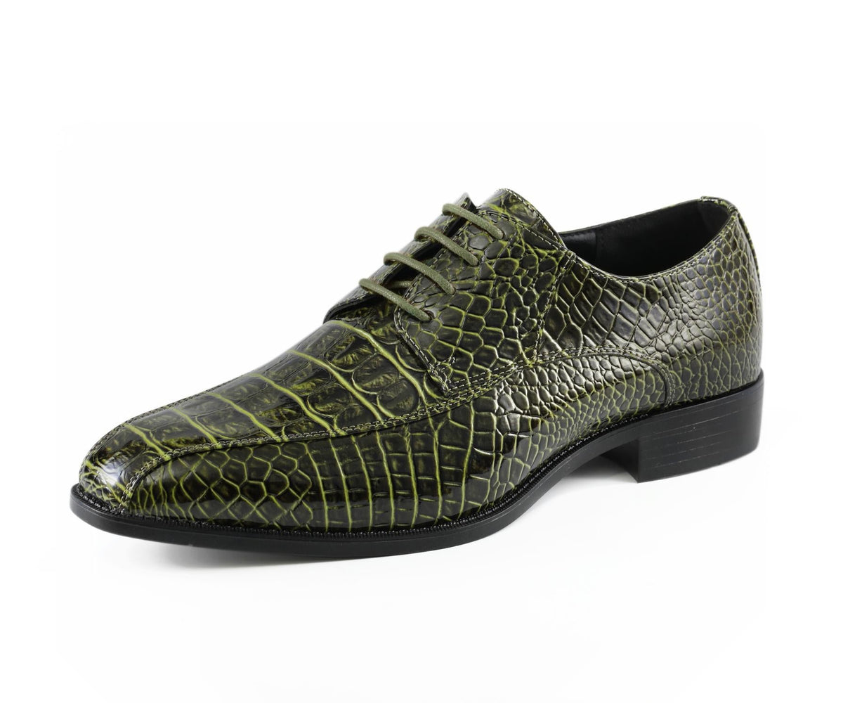 Amali Harvey Croc Embossed Men's Olive Green Animal Print Leather Exotic Oxford Shoes