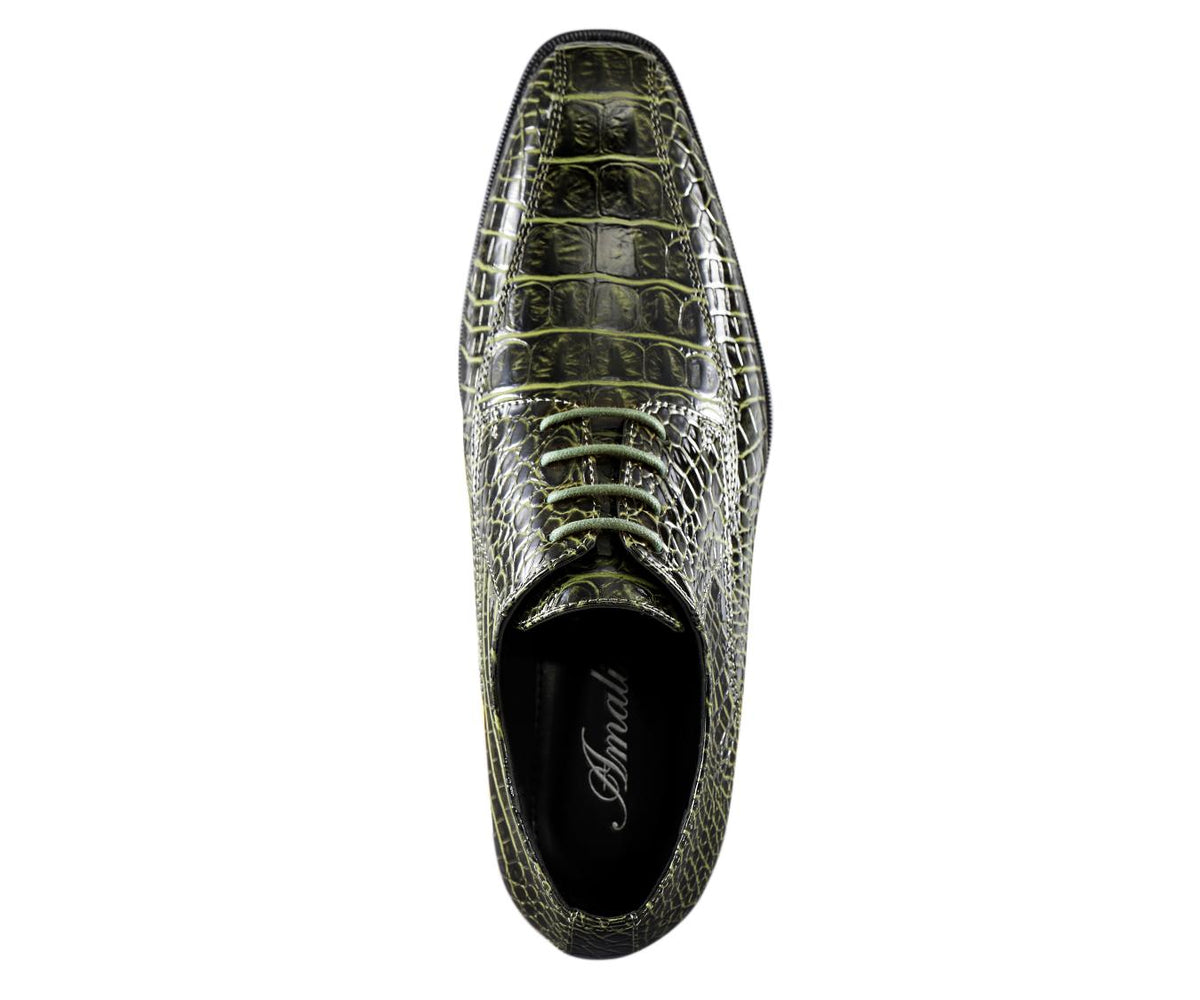 Amali Harvey Croc Embossed Men's Olive Green Animal Print Leather Exotic Oxford Shoes