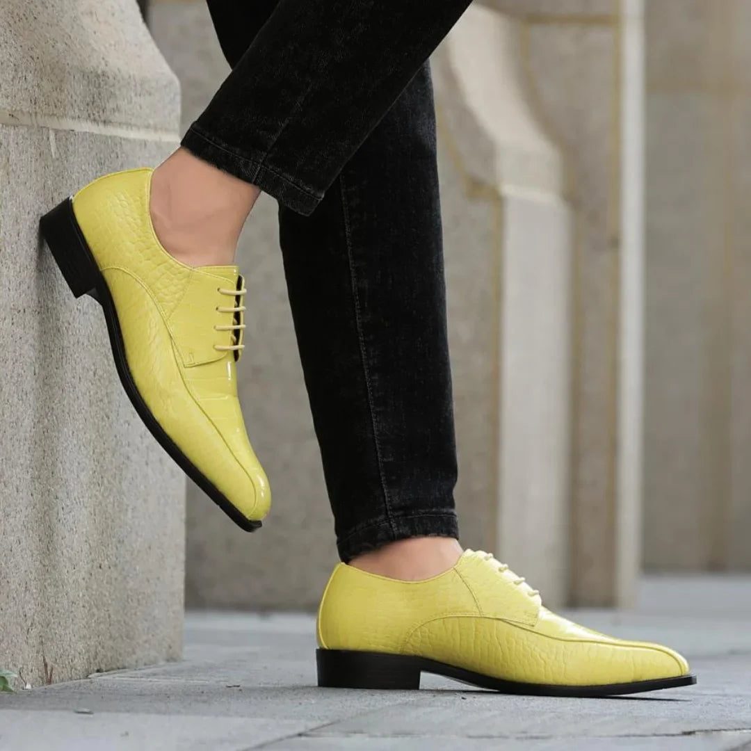 Amali Harvey Croc Embossed Men's Yellow Animal Print Leather Exotic Oxford Shoes