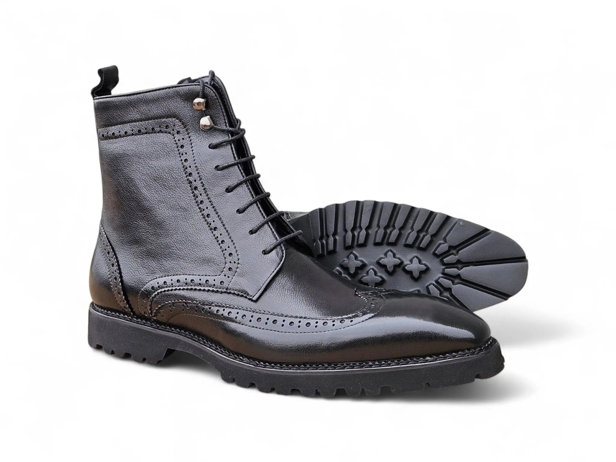 Hudson Black Wingtip Boot Lug Sole Carrucci Shoes Men's