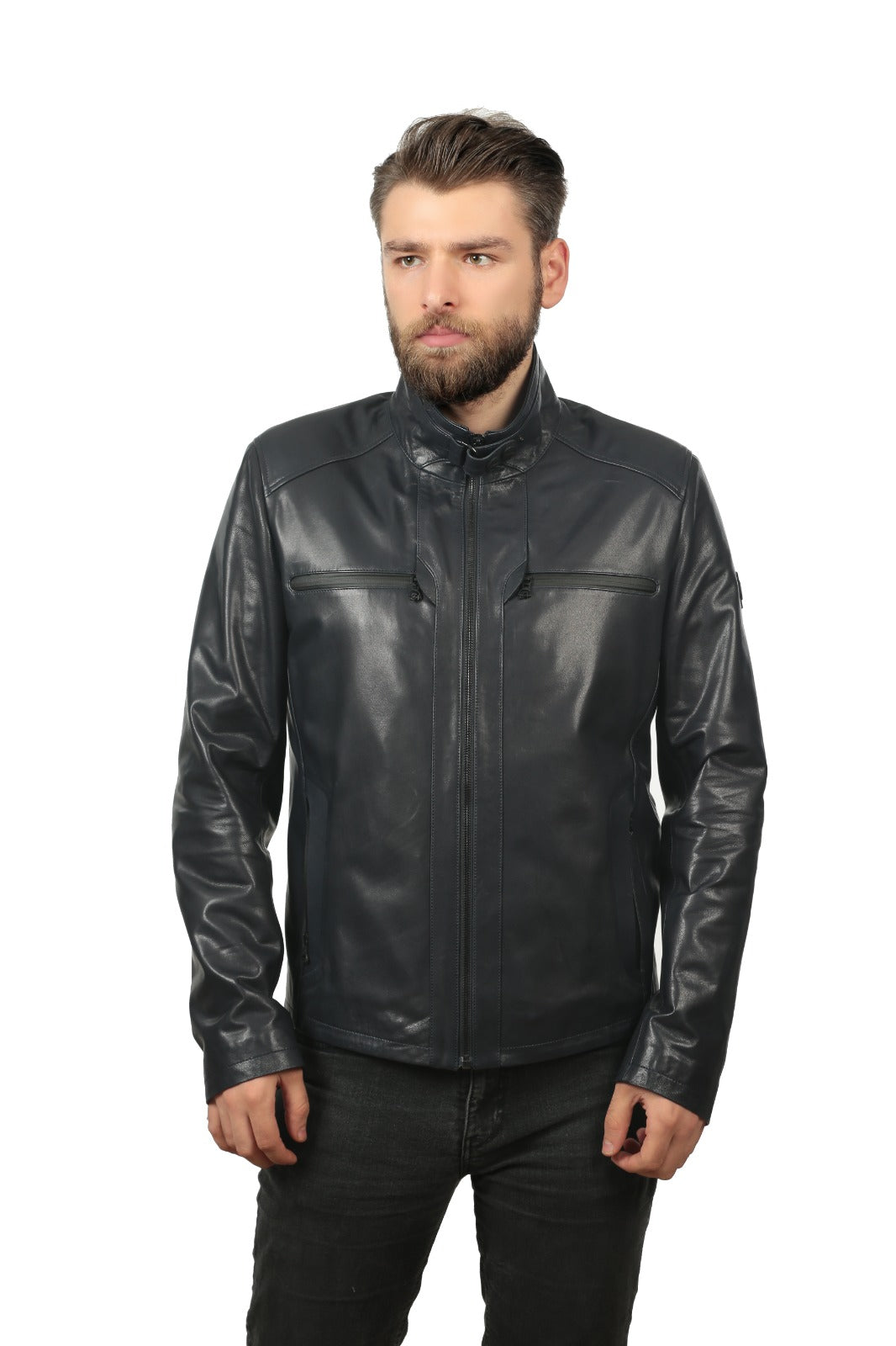 Vinci Leather The Leroy Navy Blue Leather Men Jacket – product view 4