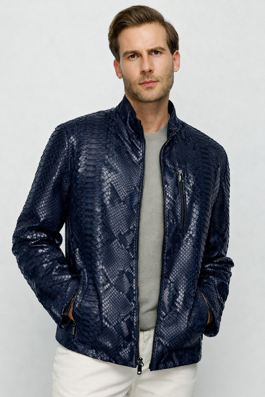 The Boss Pythn Navy Blue Leather Men Jacket Exclusive Limited Edition