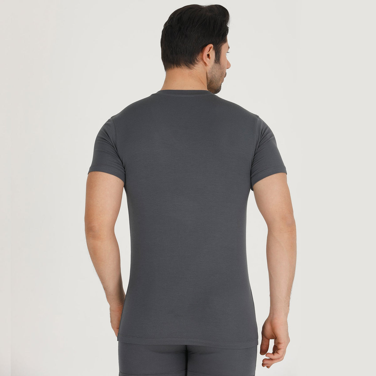 Bambooven V-neck undershirt in Gray, on-model rear three-quarter view
