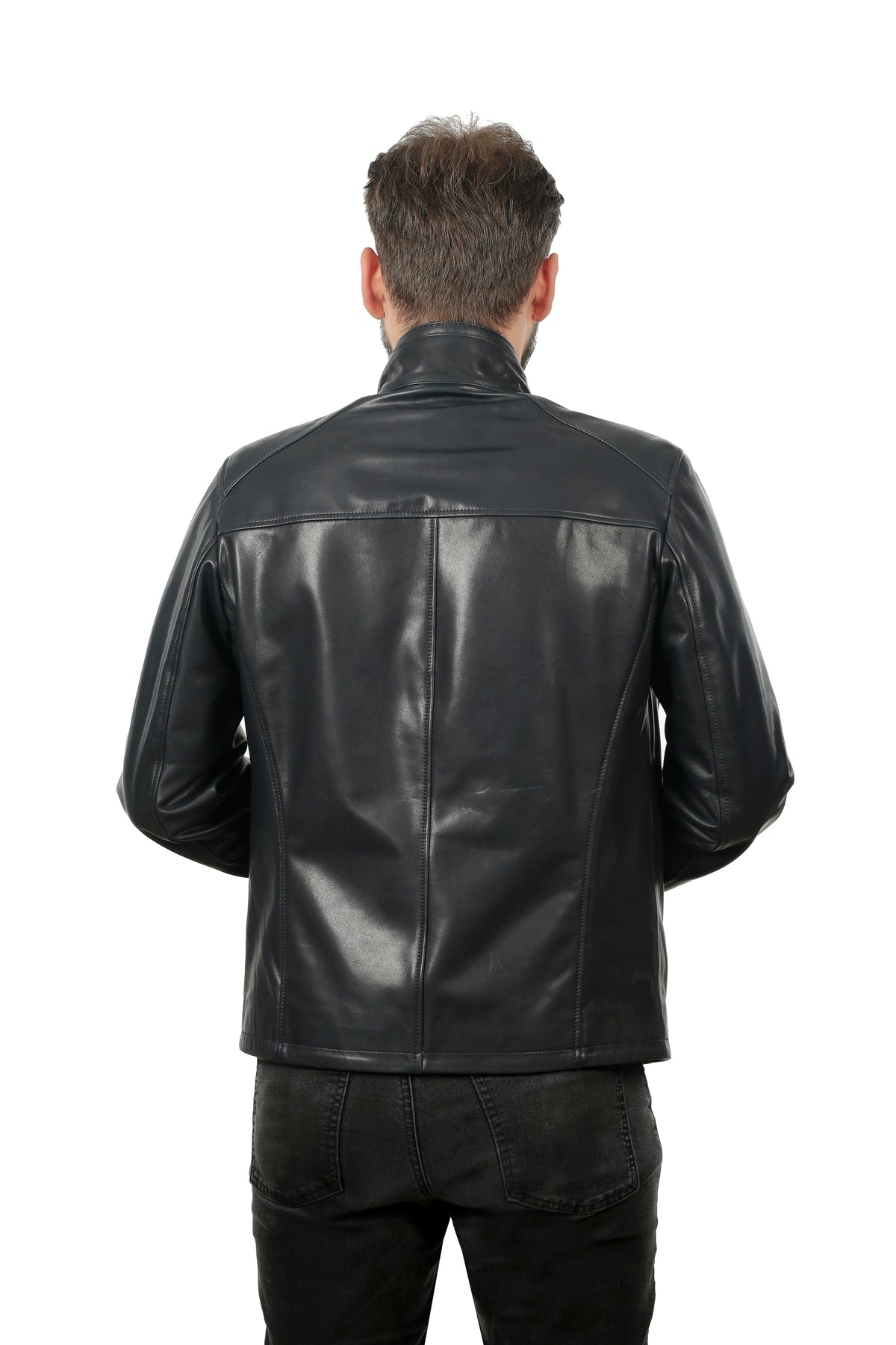 Vinci Leather The Leroy Navy Blue Leather Men Jacket – product view 3