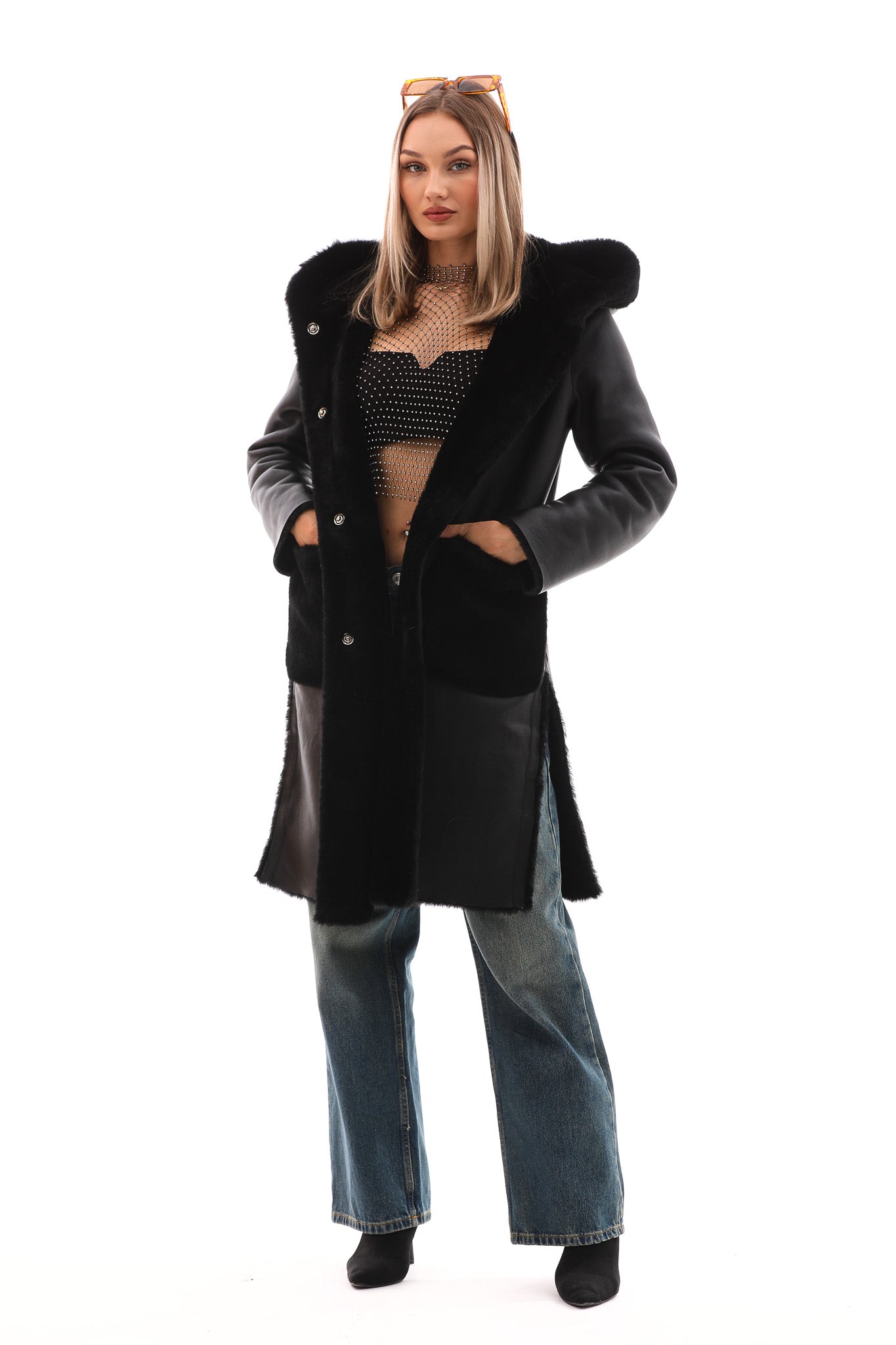 The VESARA Reversible Shearling Women Leather Coat – Jet Black