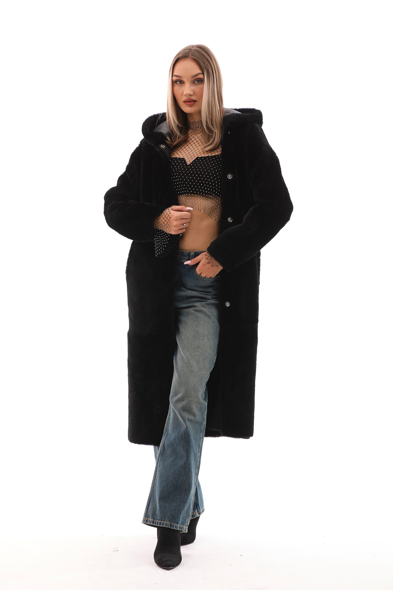 The Virella Reversible Hooded Shearling Black Leather Women Jacket