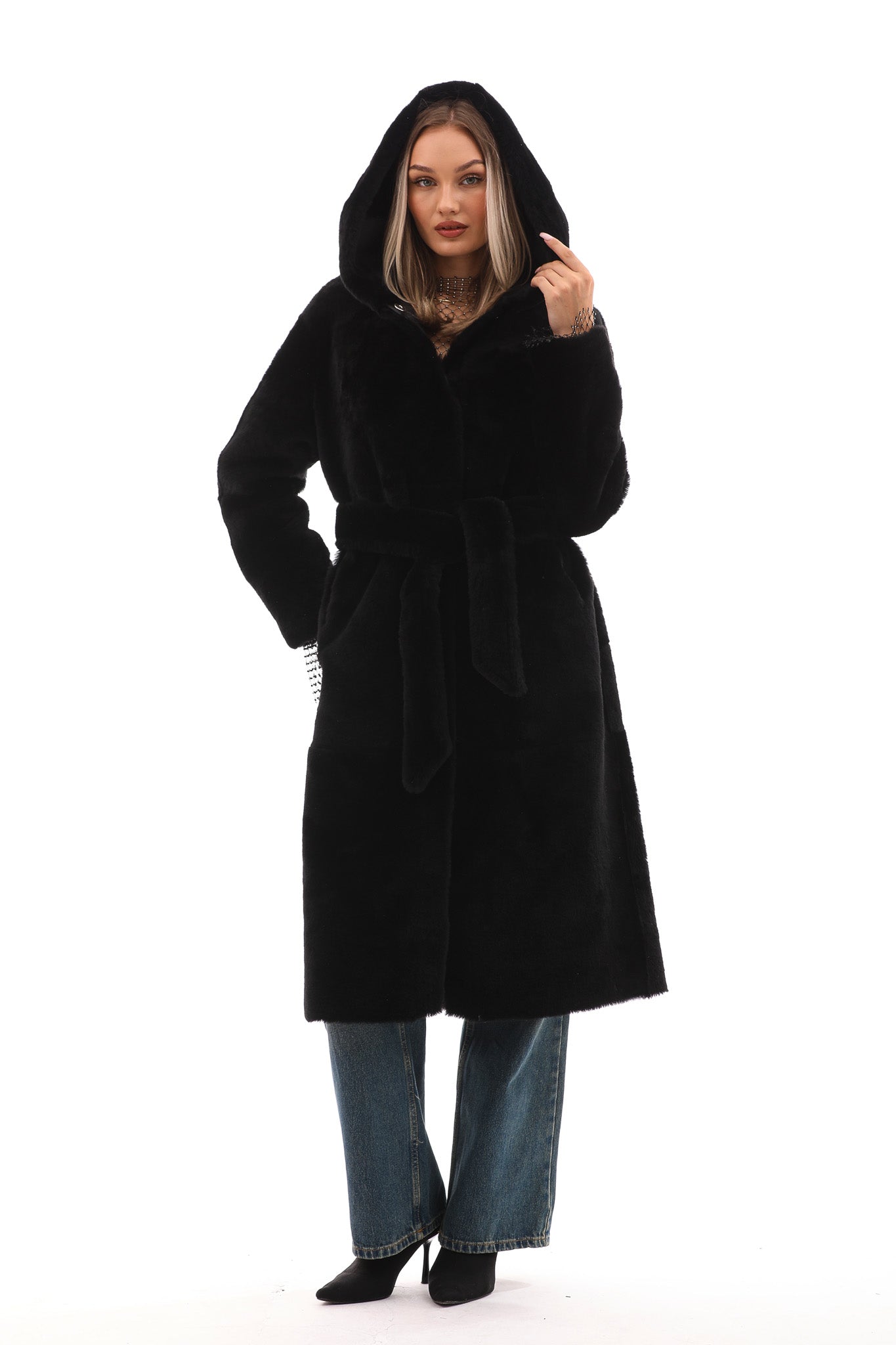 The Virella Reversible Hooded Shearling Black Leather Women Jacket