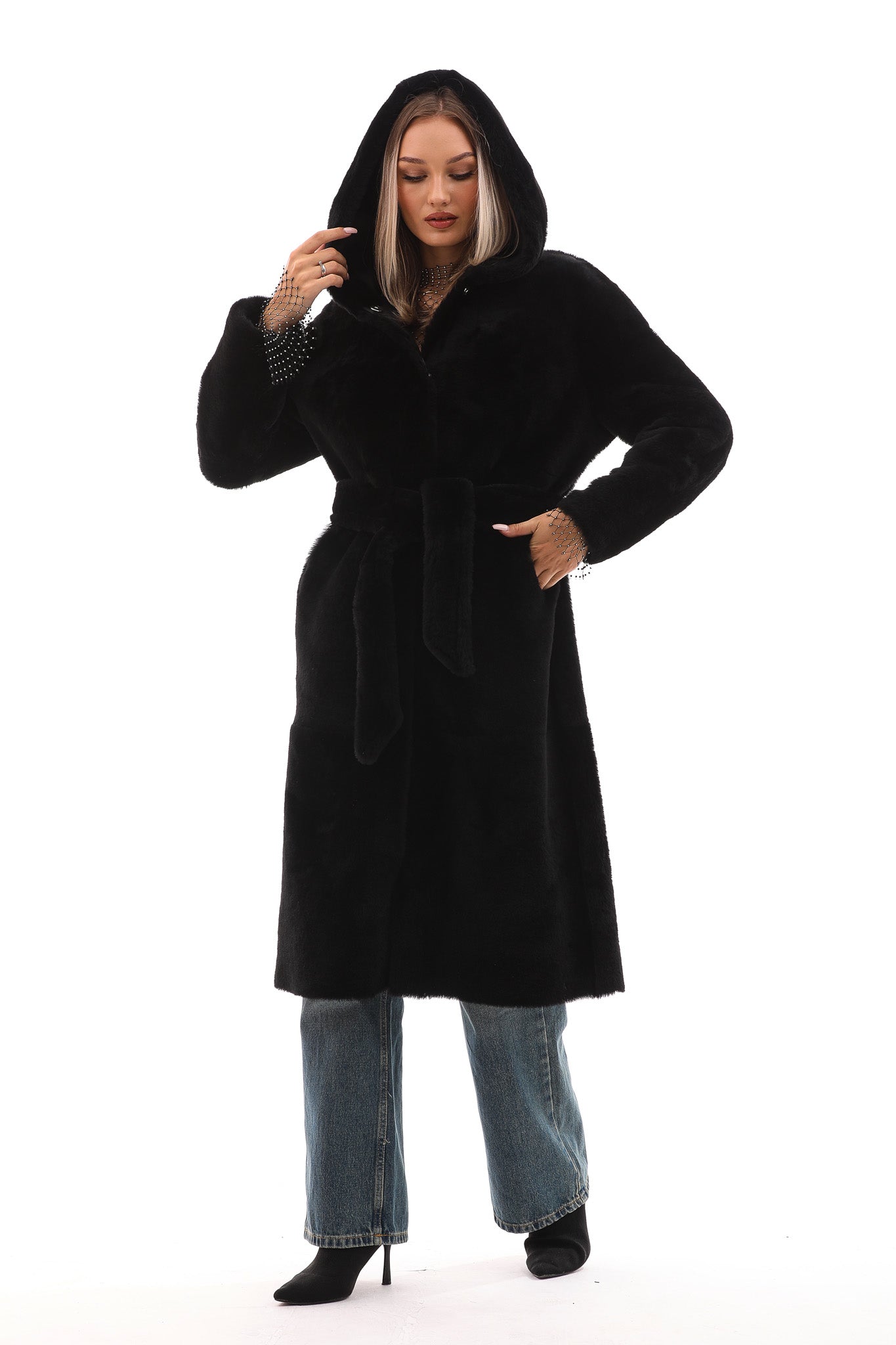 The Virella Reversible Hooded Shearling Black Leather Women Jacket