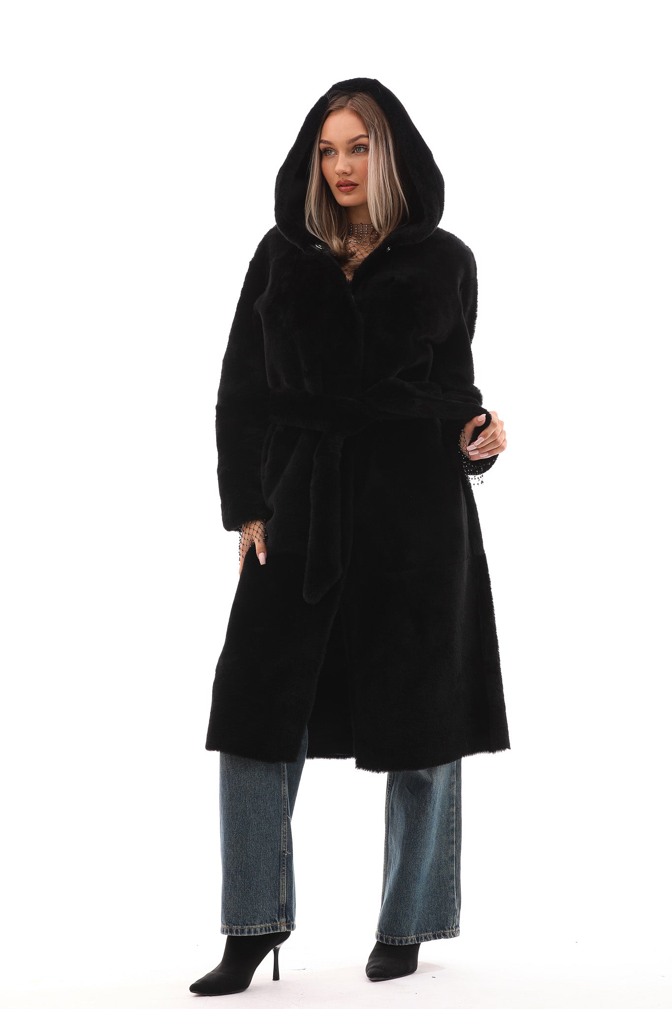 The Virella Reversible Hooded Shearling Black Leather Women Jacket