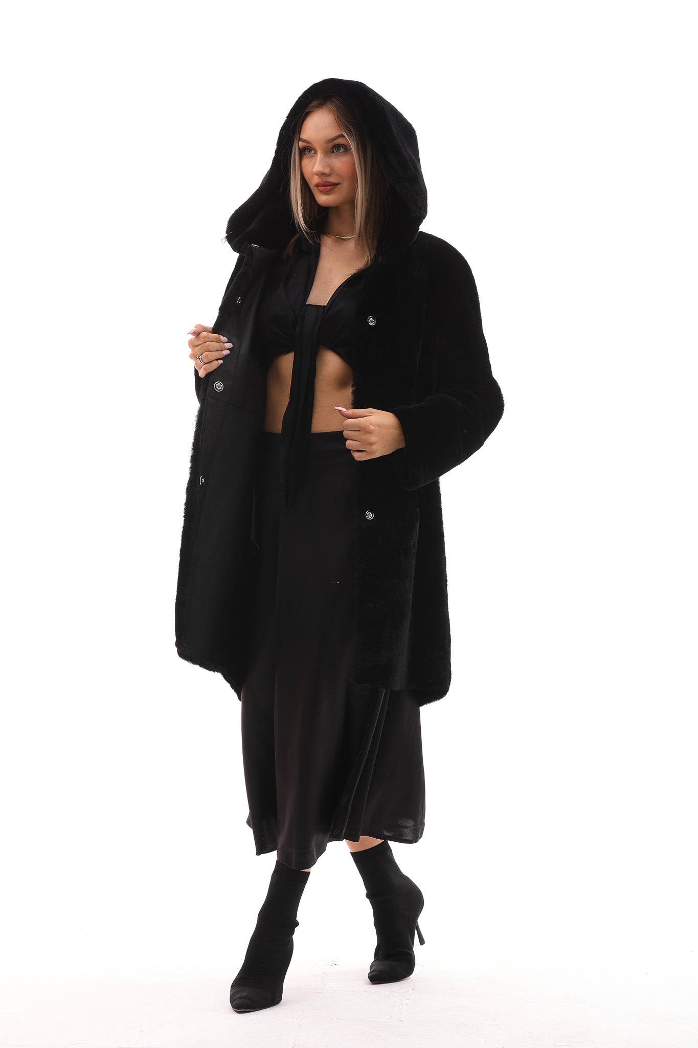 The Noctura Reversible Hooded Shearling Black Leather Jacket