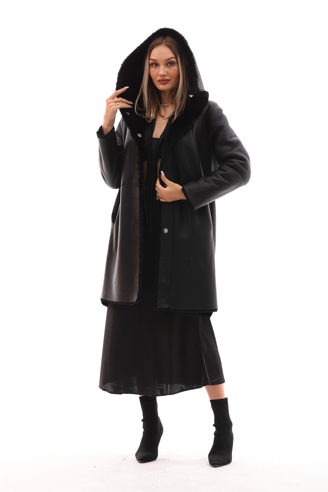 The Noctura Reversible Hooded Shearling Black Leather Jacket