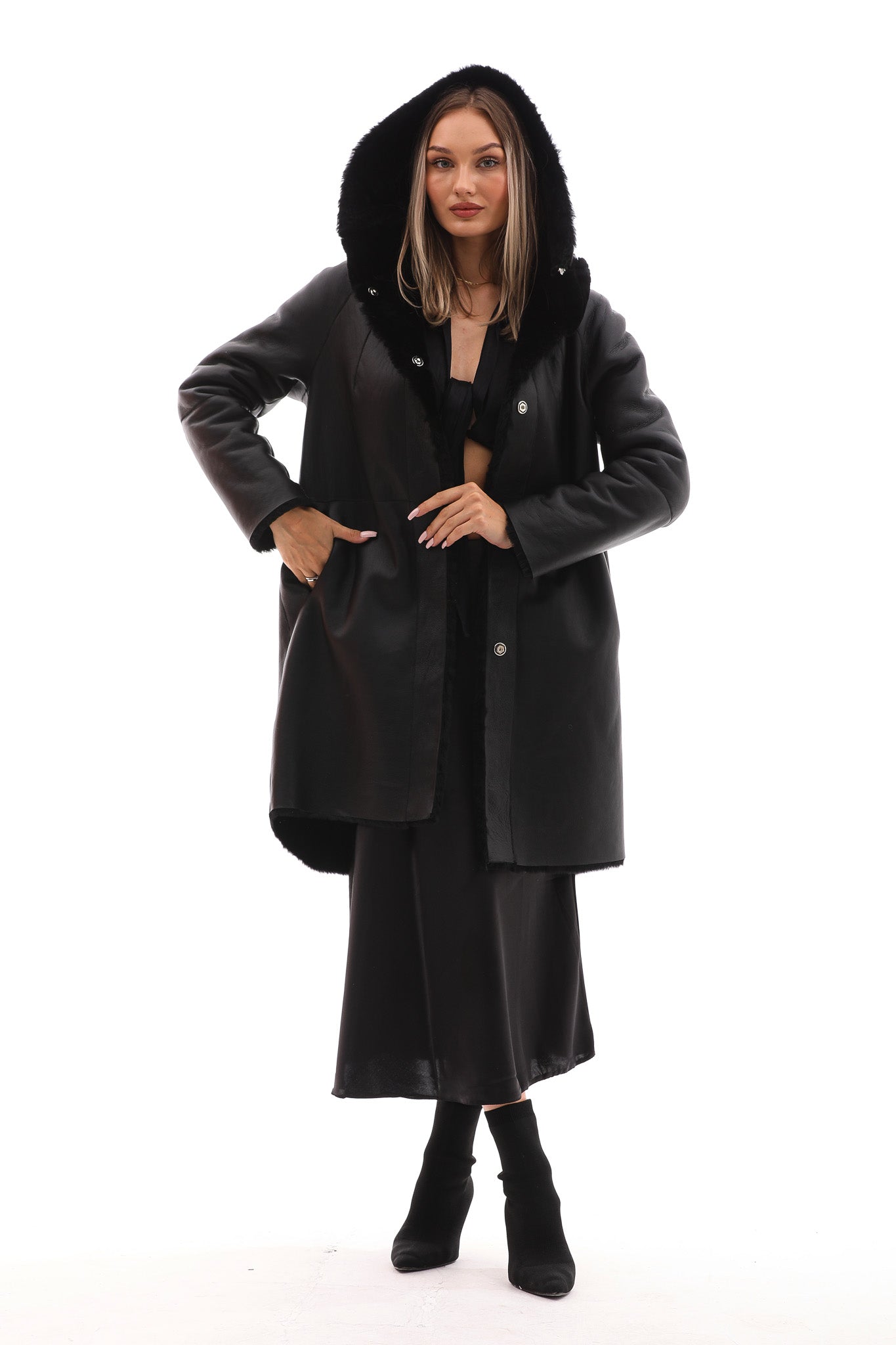 The Noctura Reversible Hooded Shearling Black Leather Jacket