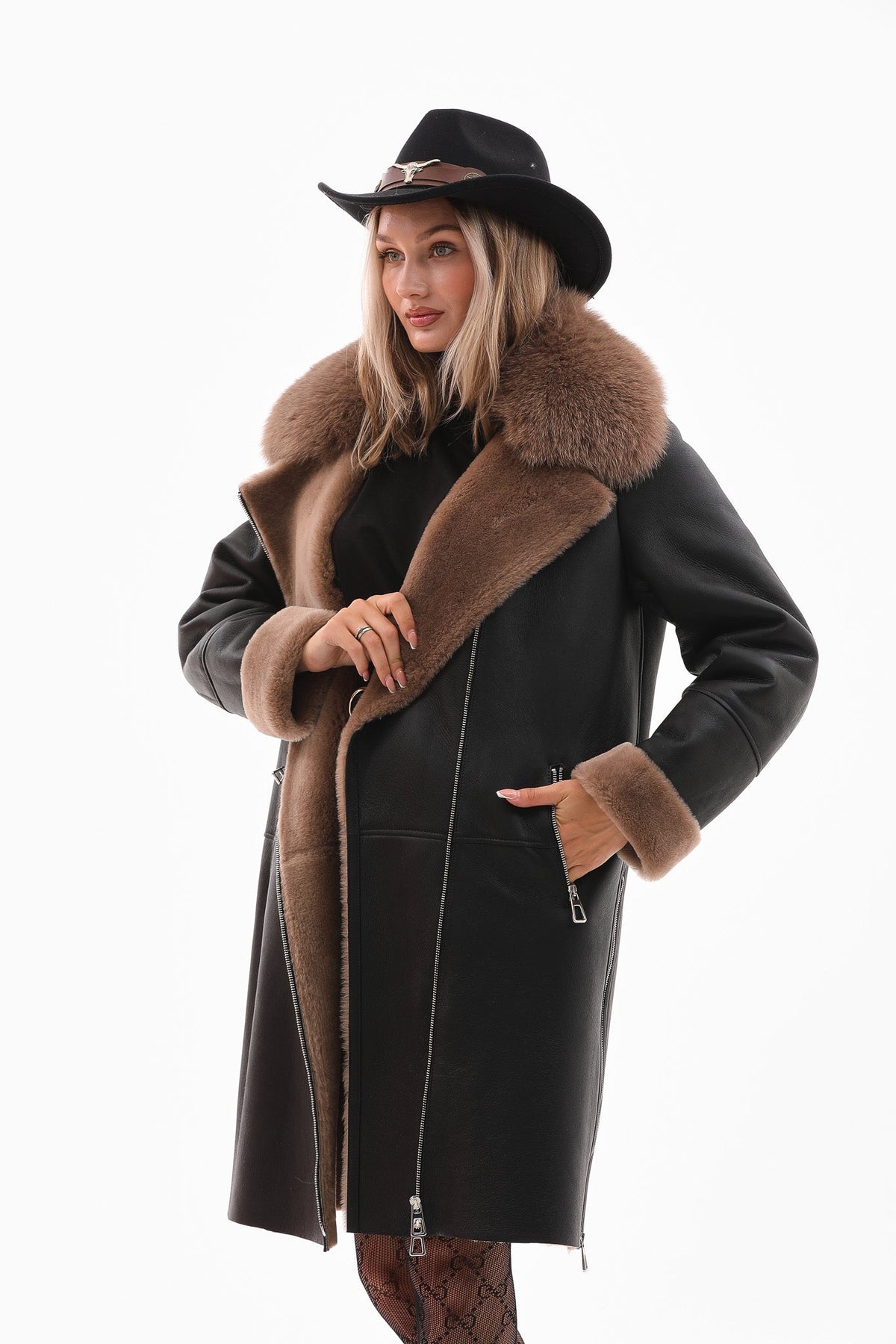 Vinci Leather The Onyx Caramel Shearling & Fox Fur Leather Women Jacket – product view 1