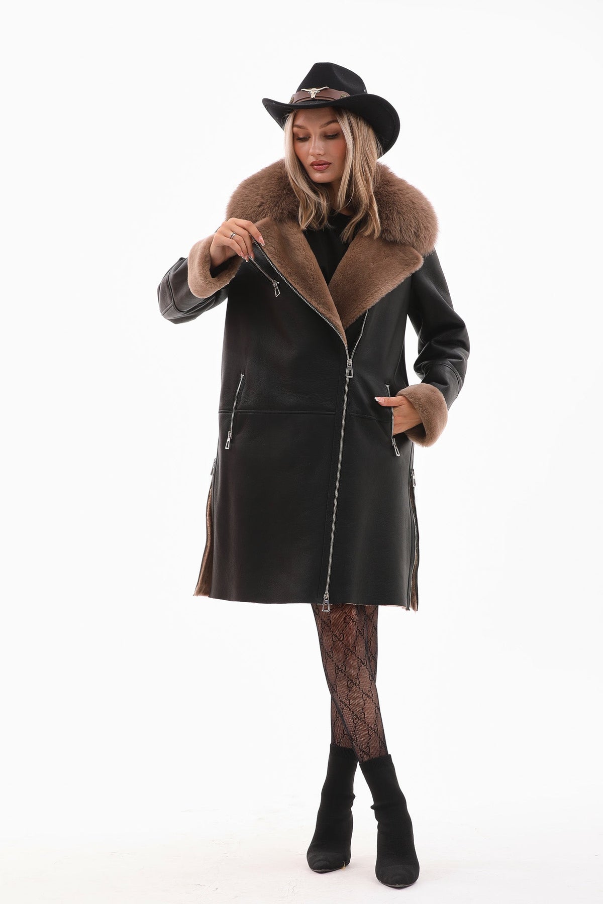 Vinci Leather The Onyx Caramel Shearling & Fox Fur Leather Women Jacket – product view 6