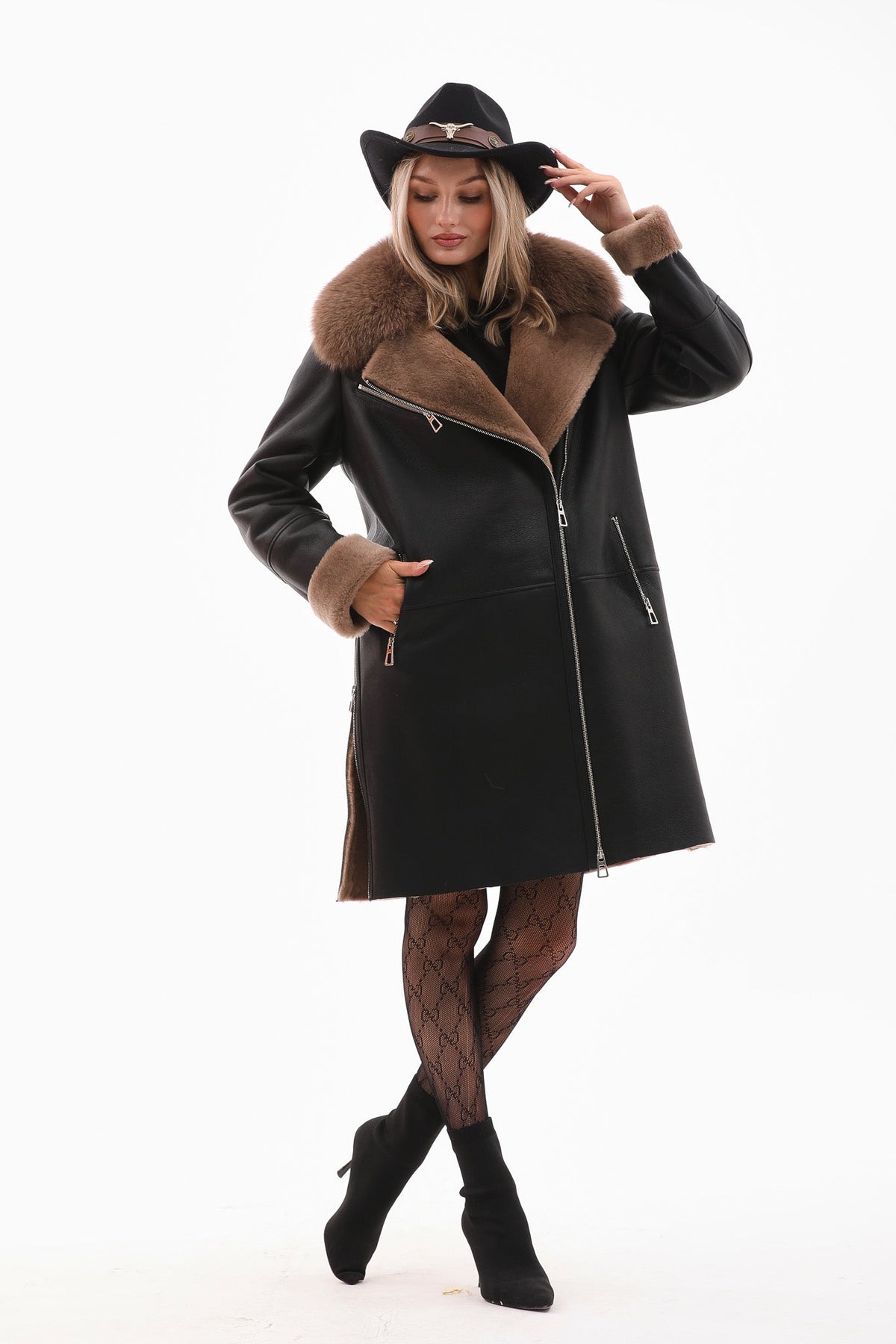Vinci Leather The Onyx Caramel Shearling & Fox Fur Leather Women Jacket – product view 2