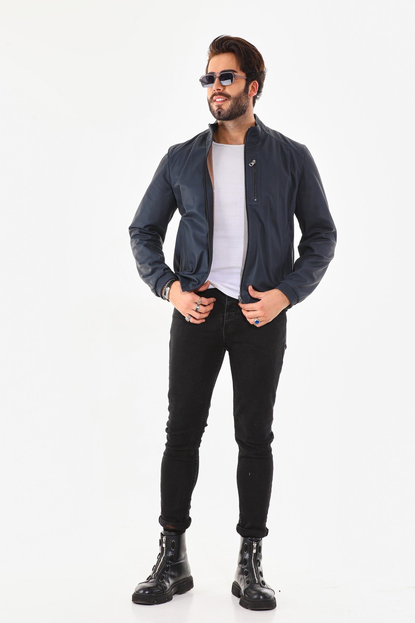 The Como Navy Blue Leather Bomber Men Jacket