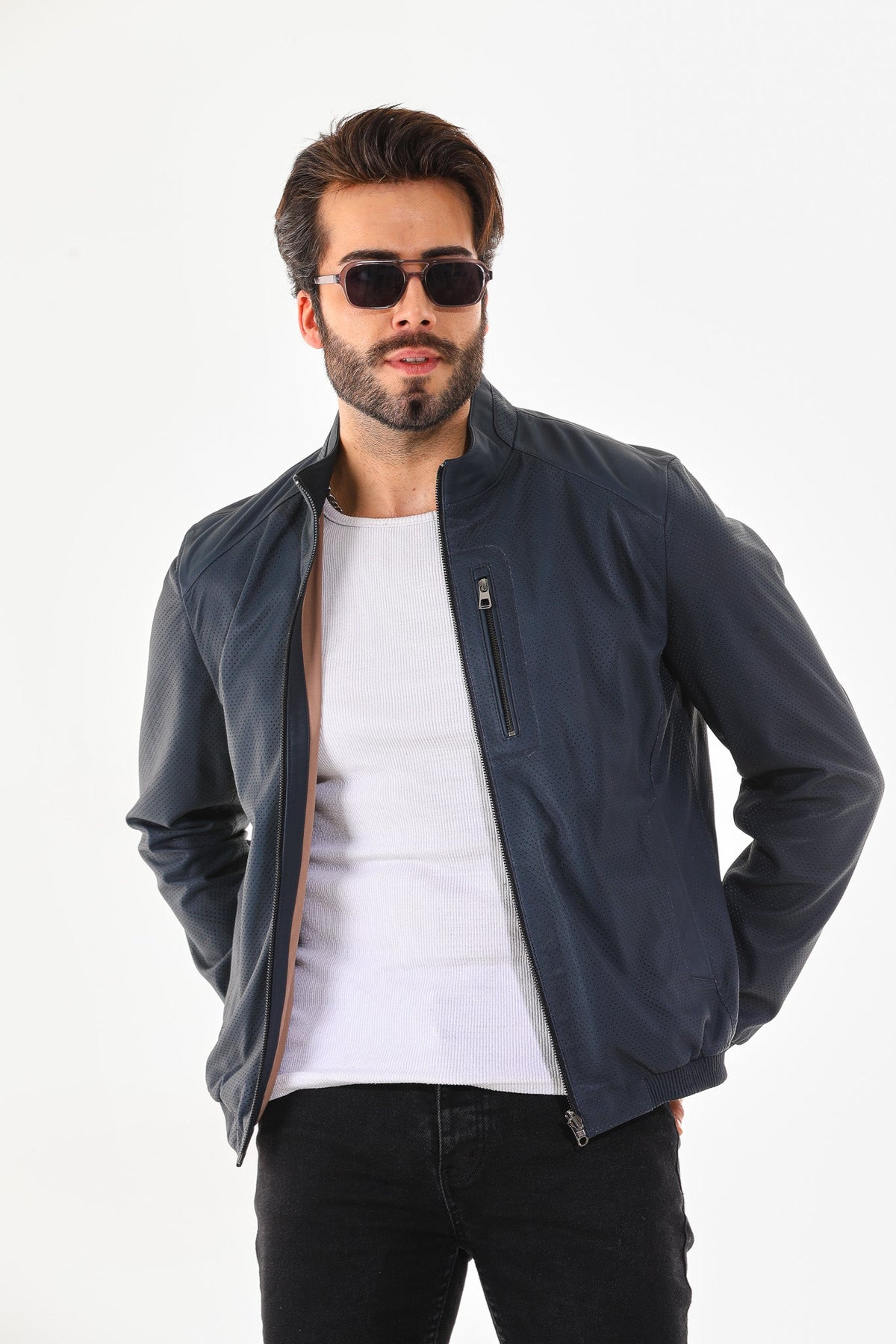 Vinci Leather The Como Navy Blue Leather Bomber Men Jacket – product view 2