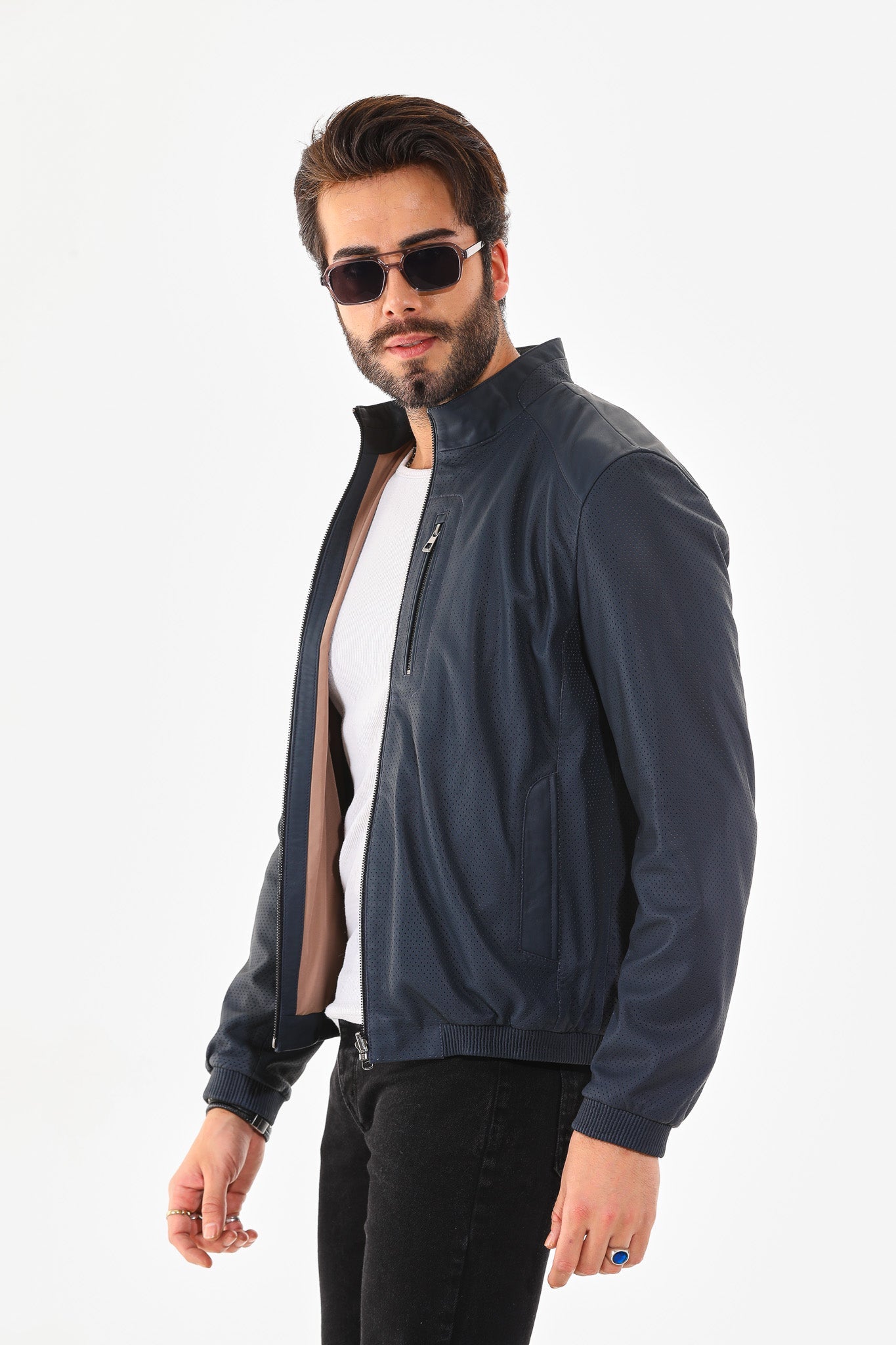 The Como Navy Blue Leather Bomber Men Jacket