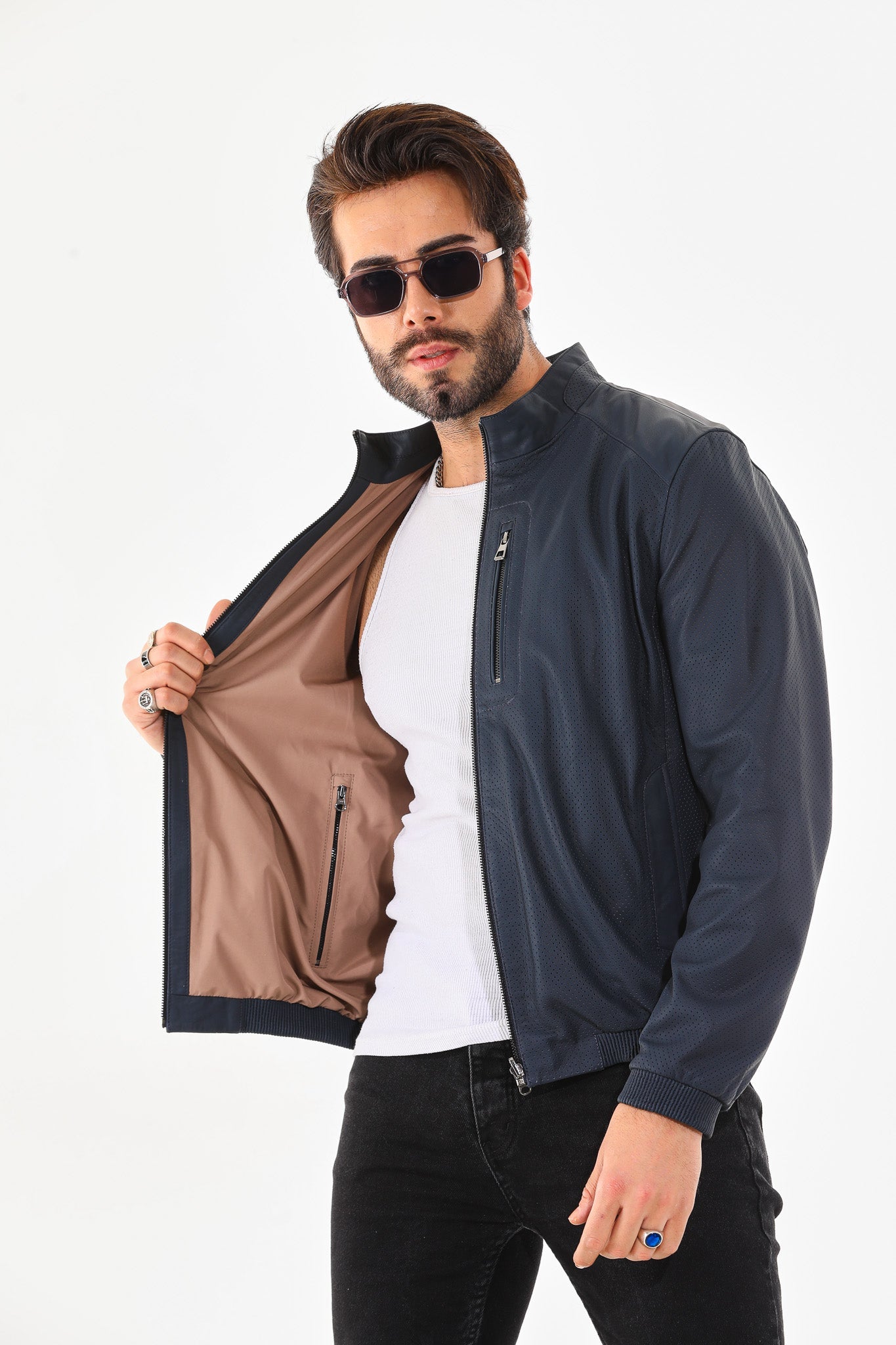 The Como Navy Blue Leather Bomber Men Jacket