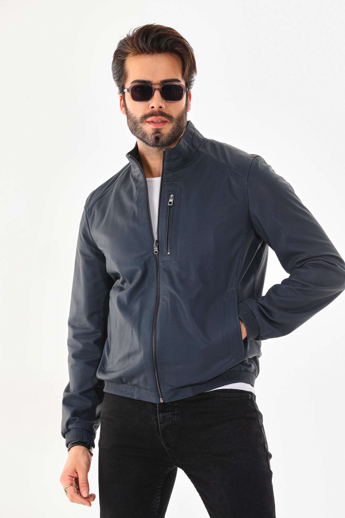 The Como Navy Blue Leather Bomber Men Jacket