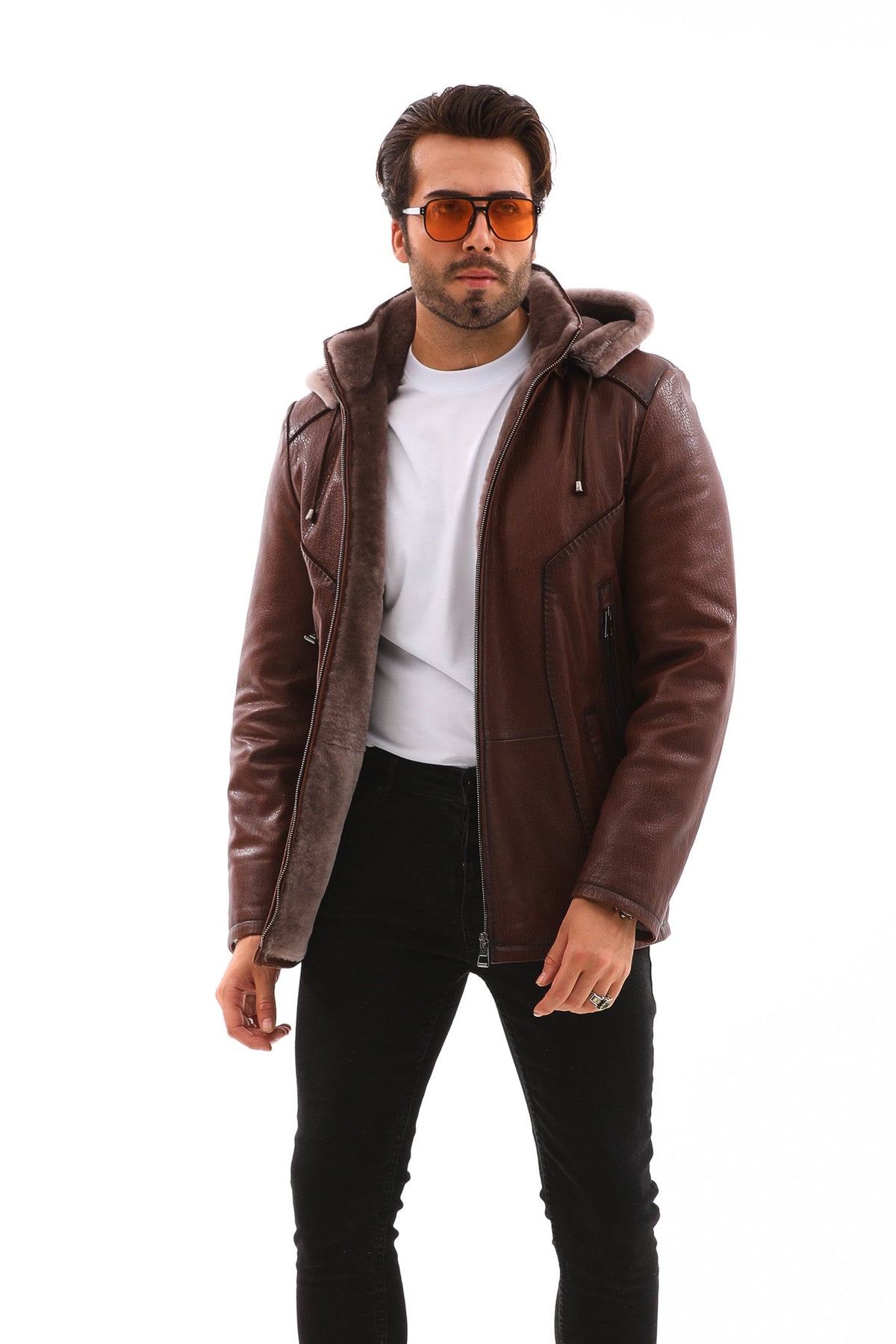Vinci Leather The Bergamo Brown Shearling Leather Men Jacket – product view 3