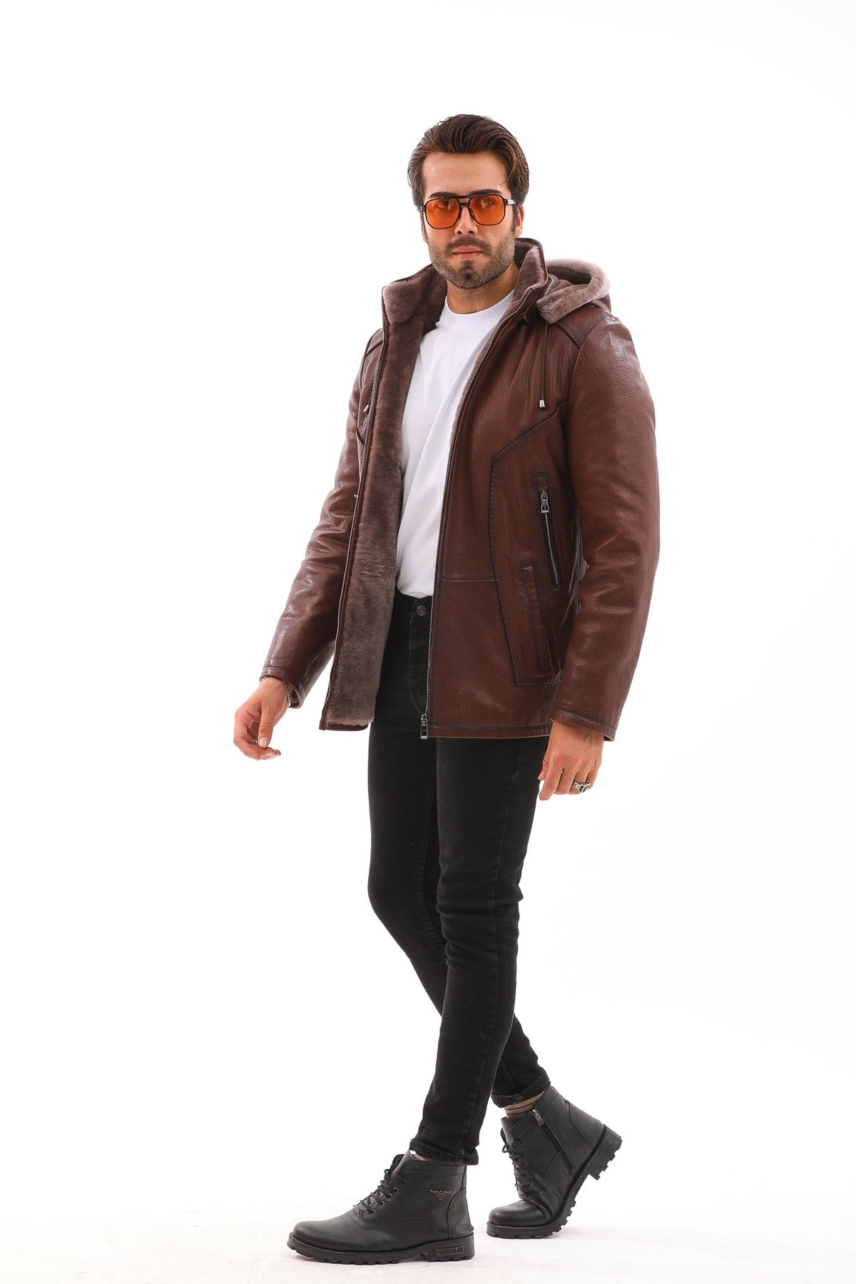 Vinci Leather The Bergamo Brown Shearling Leather Men Jacket – product view 7