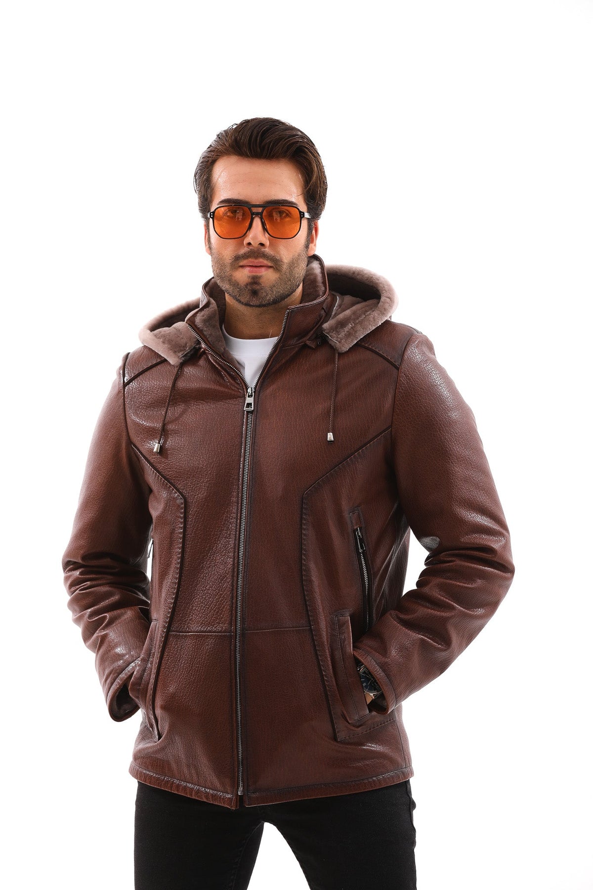 Vinci Leather The Bergamo Brown Shearling Leather Men Jacket – product view 1