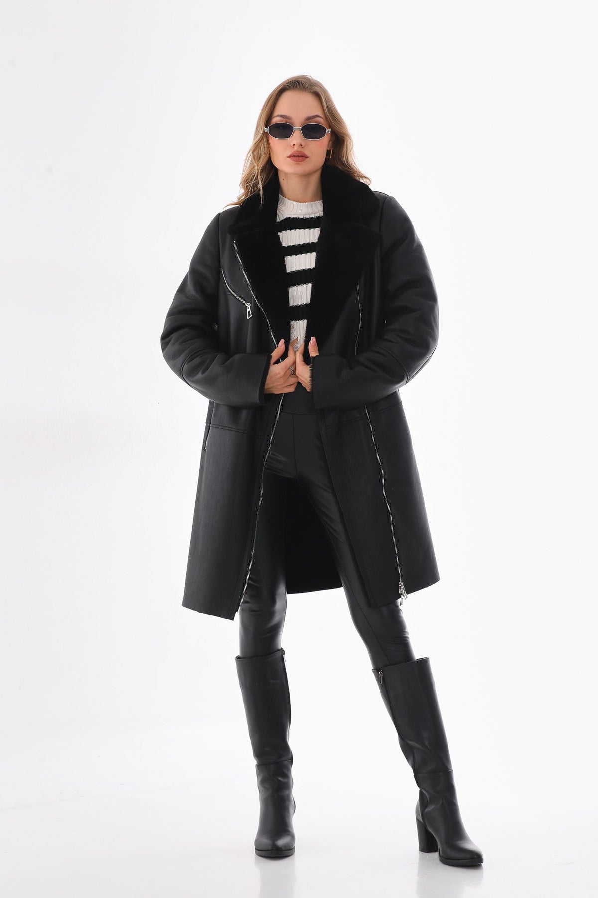Vinci Leather The Onyx Black Shearling & Fox Fur Leather Women Jacket – product view 7