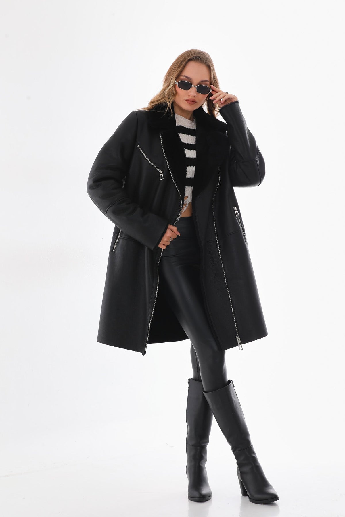 Vinci Leather The Onyx Black Shearling & Fox Fur Leather Women Jacket – product view 4