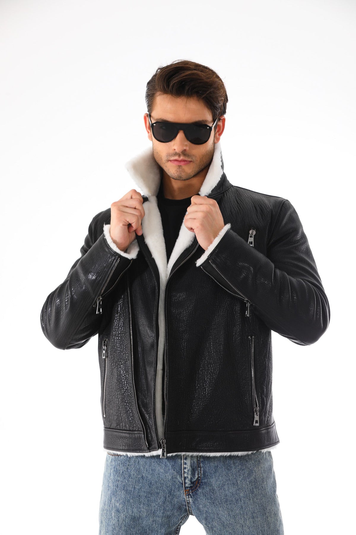 Vinci Leather The Cortina Black Shearling Leather Men Jacket – product view 2