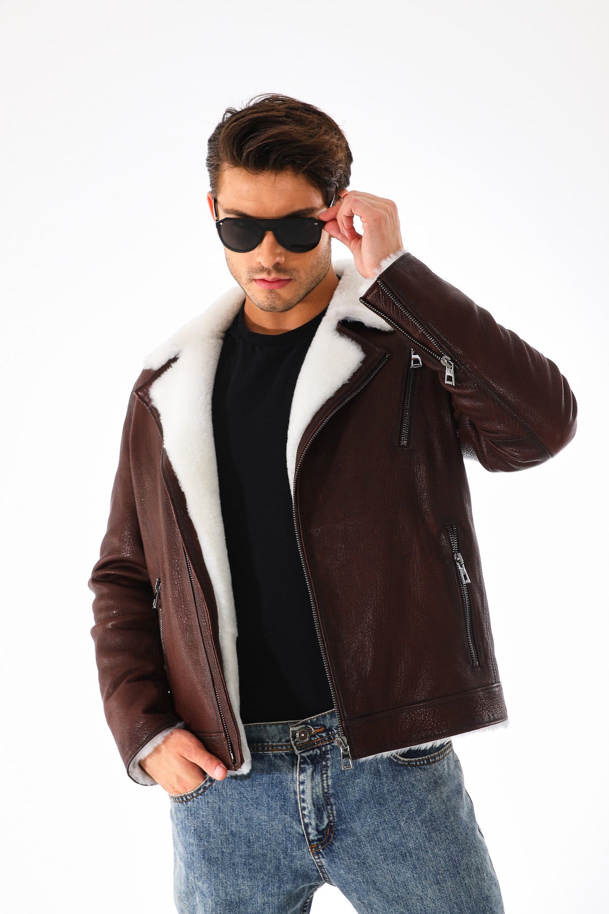 Vinci Leather The Cortina Brown & White Shearling Leather Men Jacket – product view 1