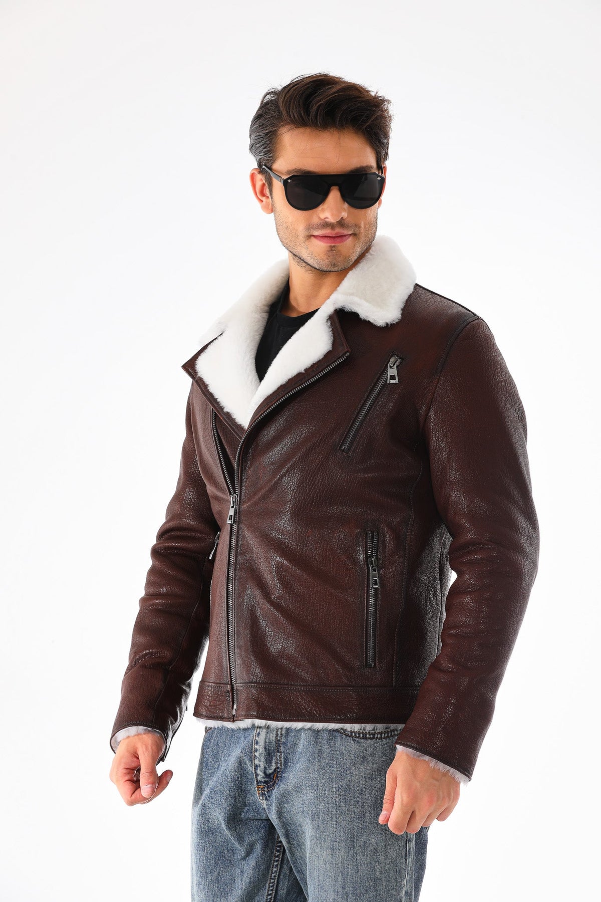 Vinci Leather The Cortina Brown & White Shearling Leather Men Jacket – product view 10
