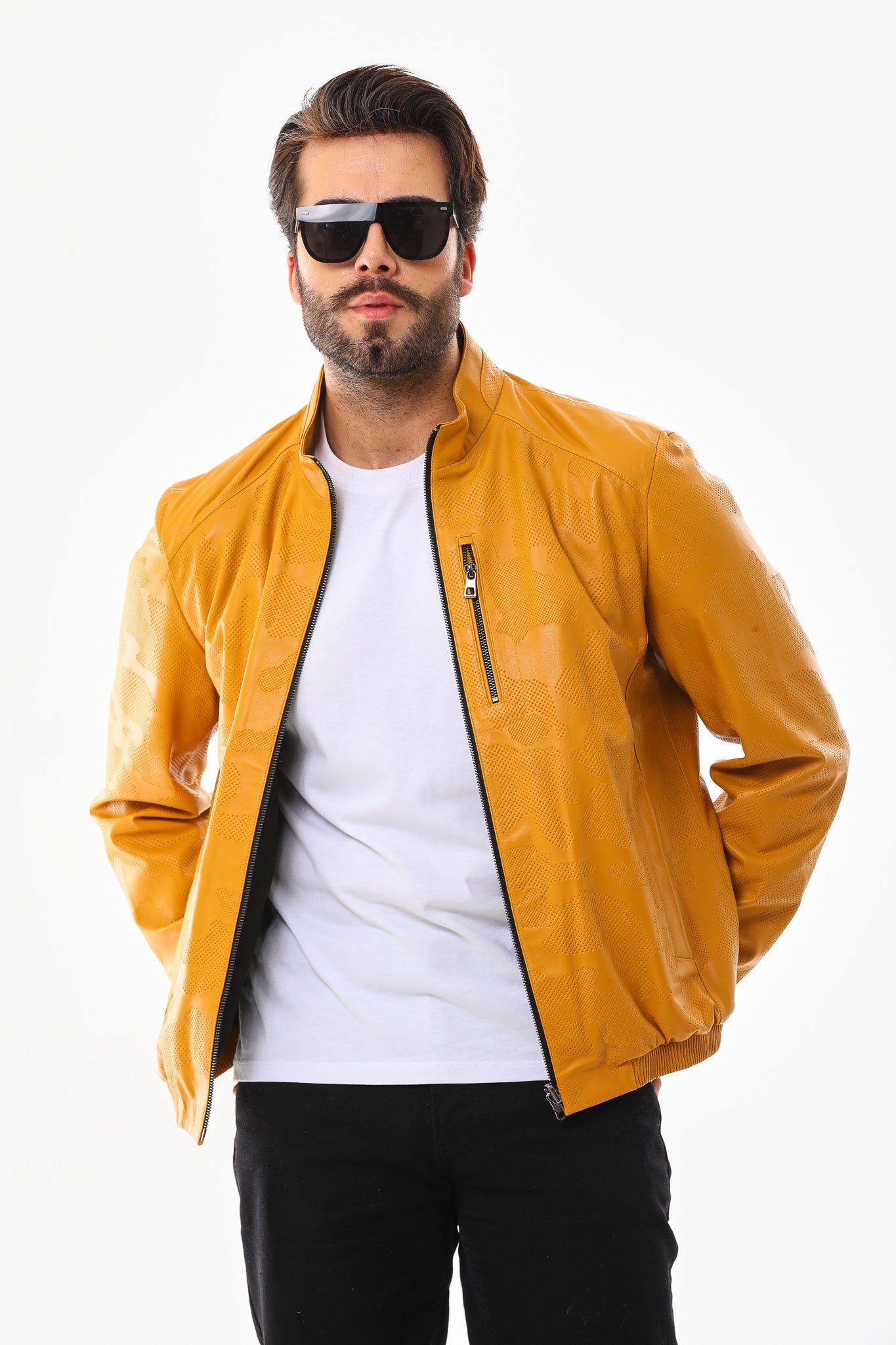 The Como Reversible Mustard Yellow & Black Leather Bomber Men Jacket