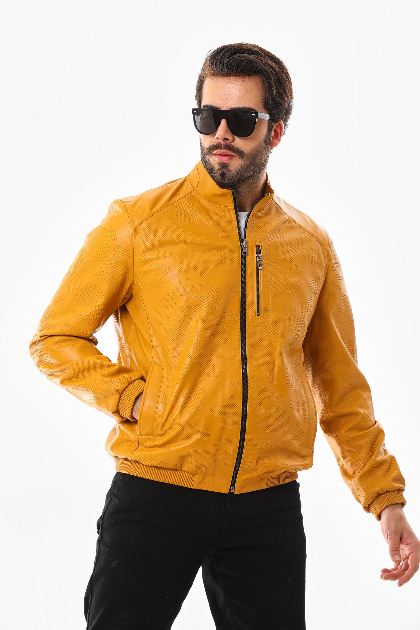 The Como Reversible Mustard Yellow & Black Leather Bomber Men Jacket