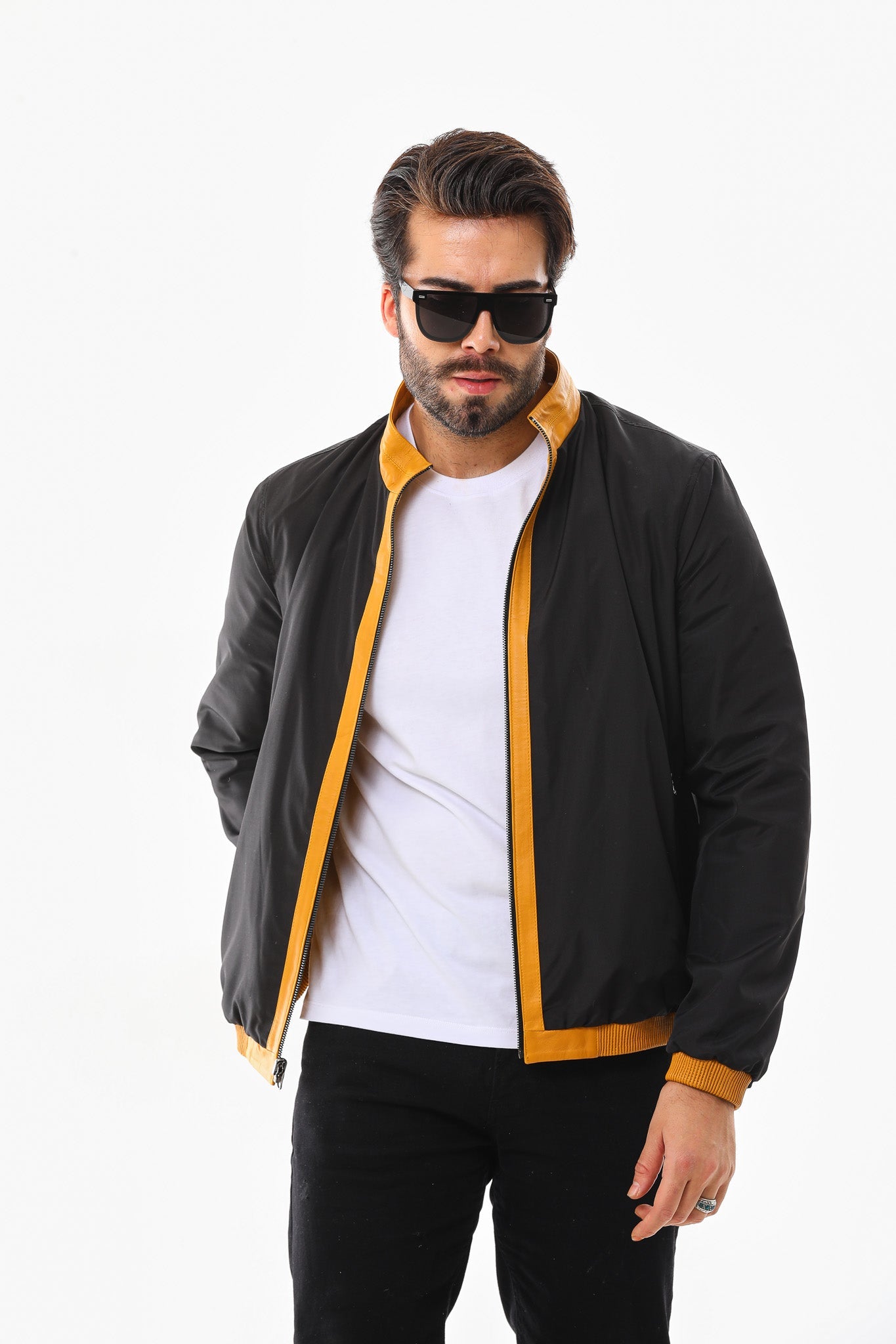 The Como Reversible Mustard Yellow & Black Leather Bomber Men Jacket