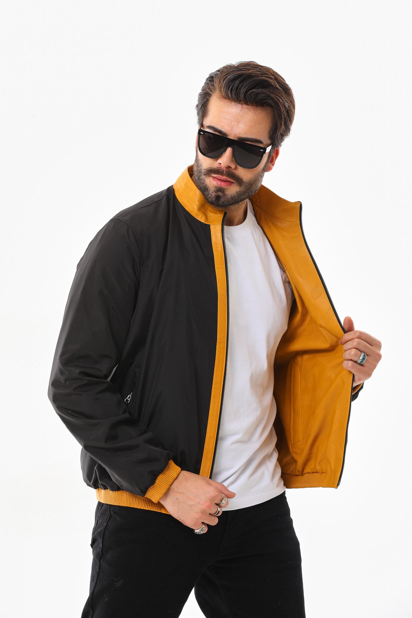 The Como Reversible Mustard Yellow & Black Leather Bomber Men Jacket