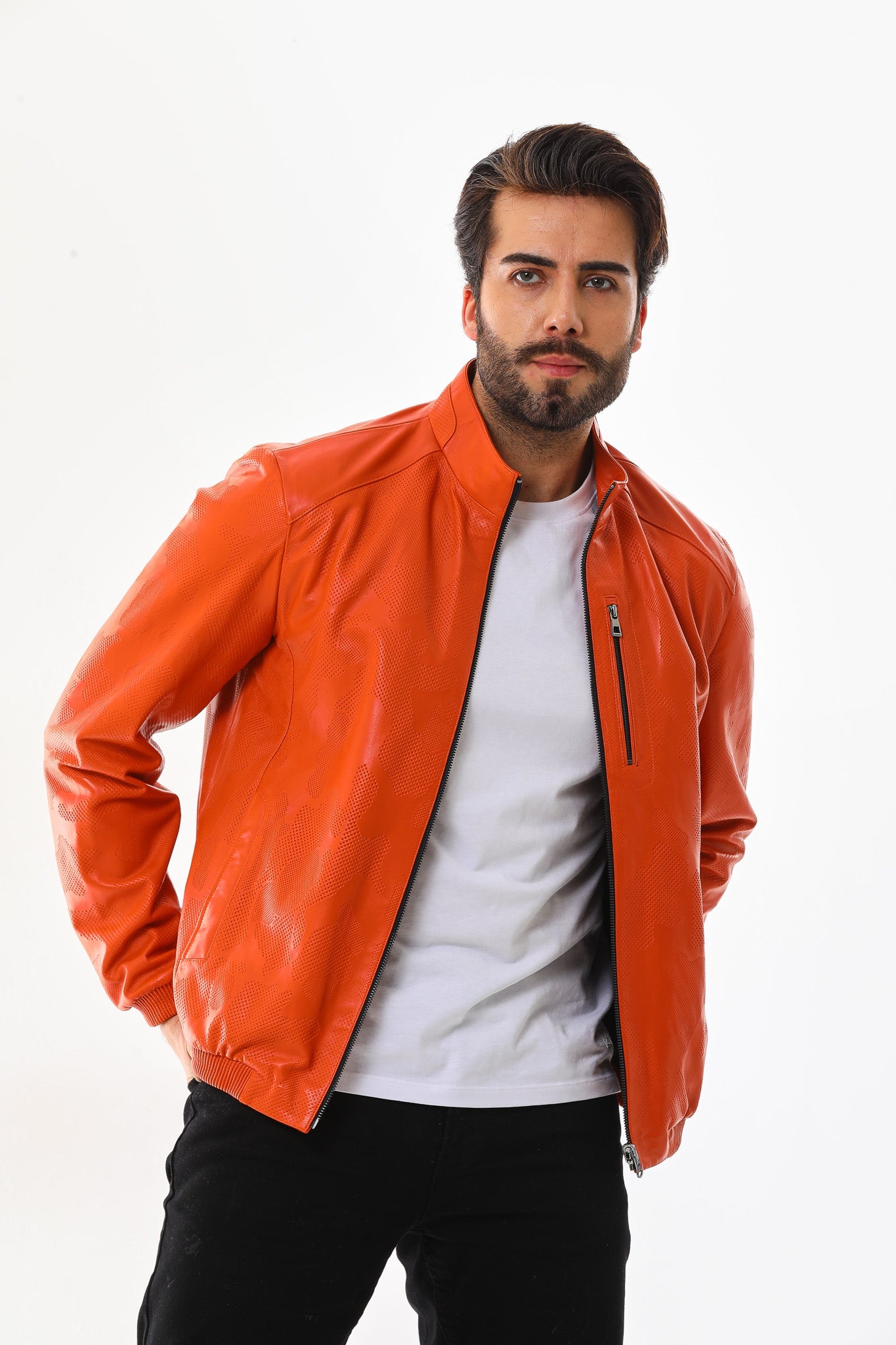 The Como Reversible Orange & Black Leather Bomber Men Jacket