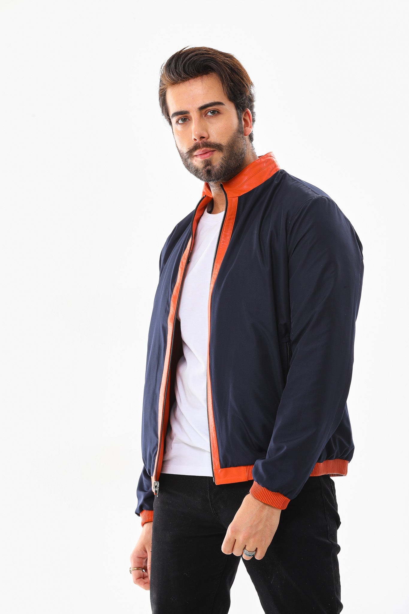 The Como Reversible Orange & Black Leather Bomber Men Jacket