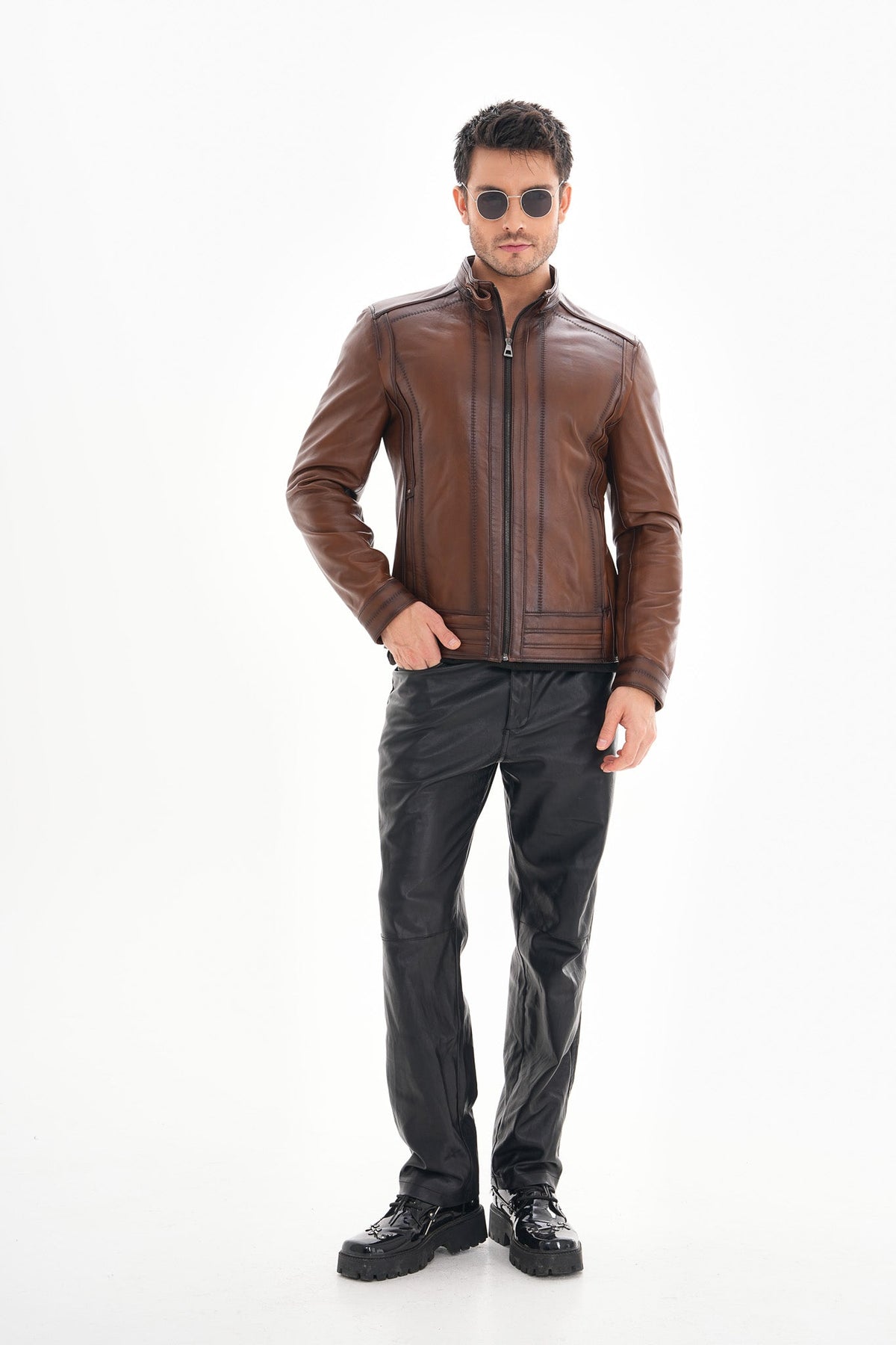 Vinci Leather The Arezzo Brown Leather Men Jacket – product view 7