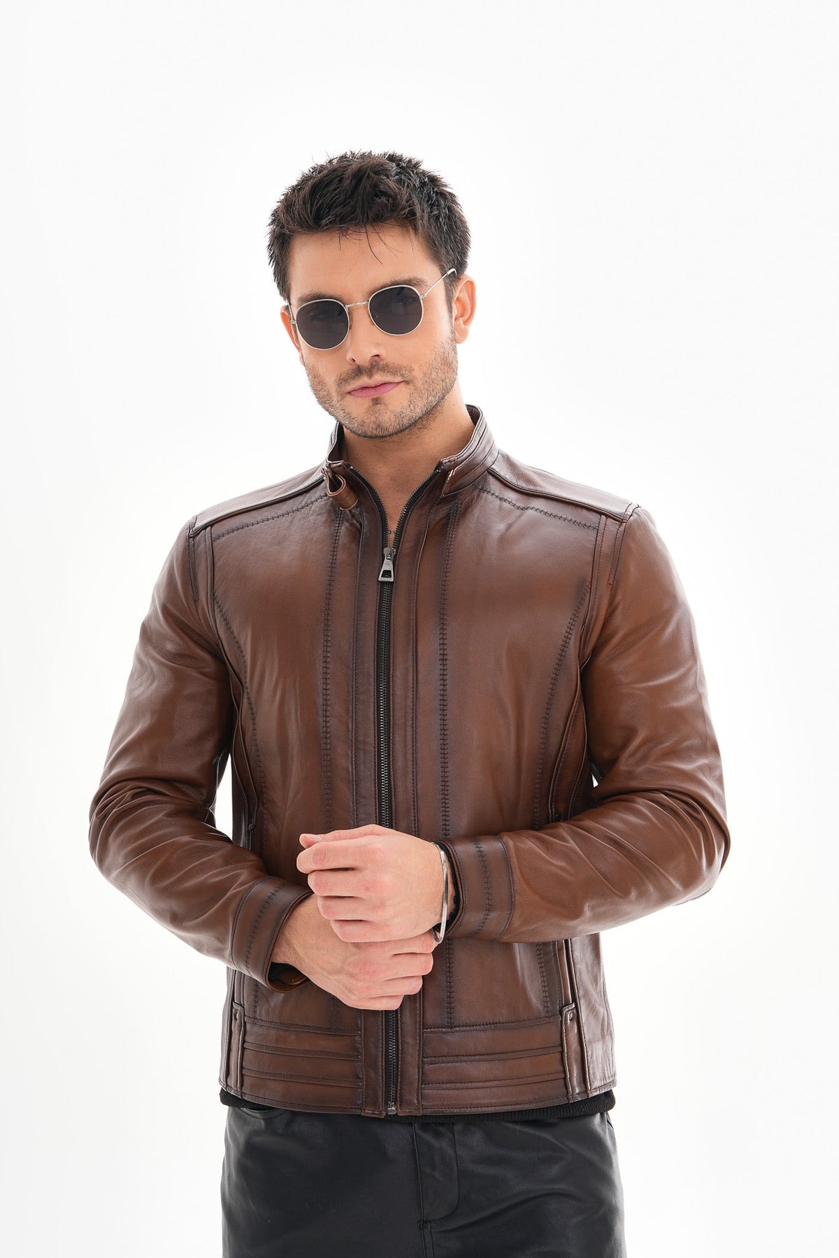Vinci Leather The Arezzo Brown Leather Men Jacket – product view 6