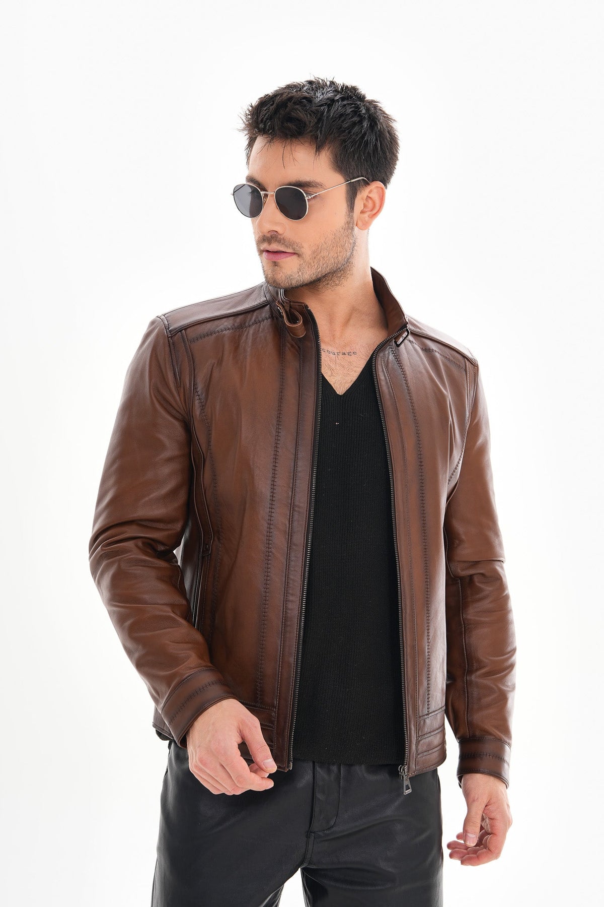 Vinci Leather The Arezzo Brown Leather Men Jacket – product view 8
