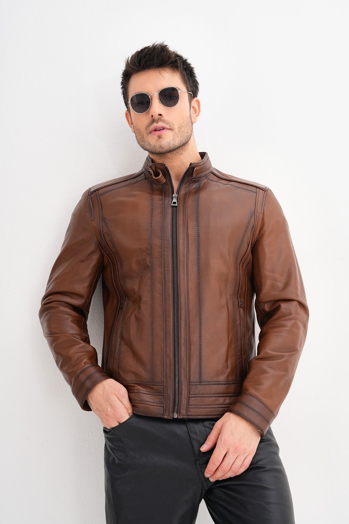 Vinci Leather The Arezzo Brown Leather Men Jacket – product view 5